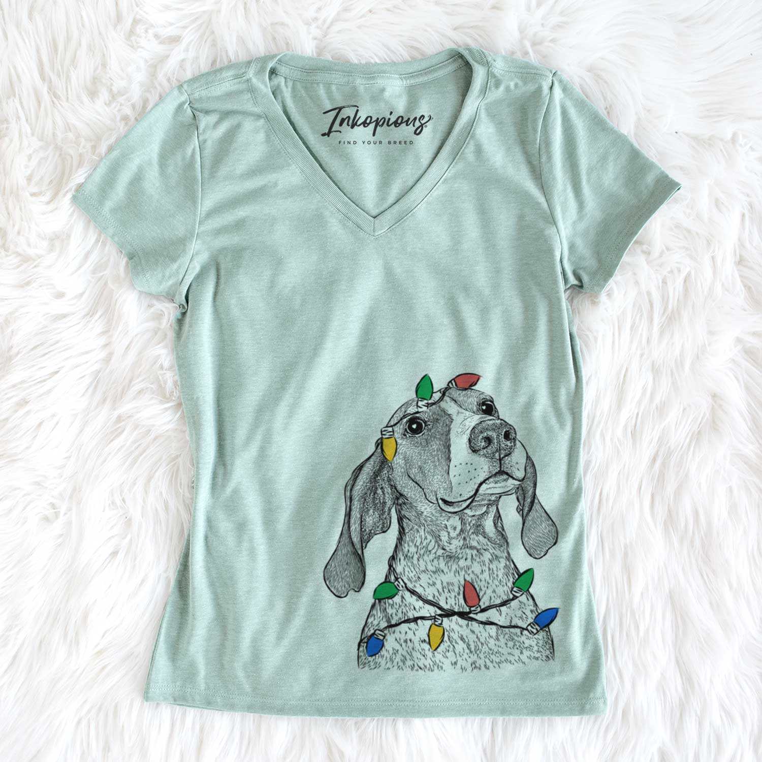 Christmas Lights Chester the Red Tick Coonhound - Women's V-neck Shirt