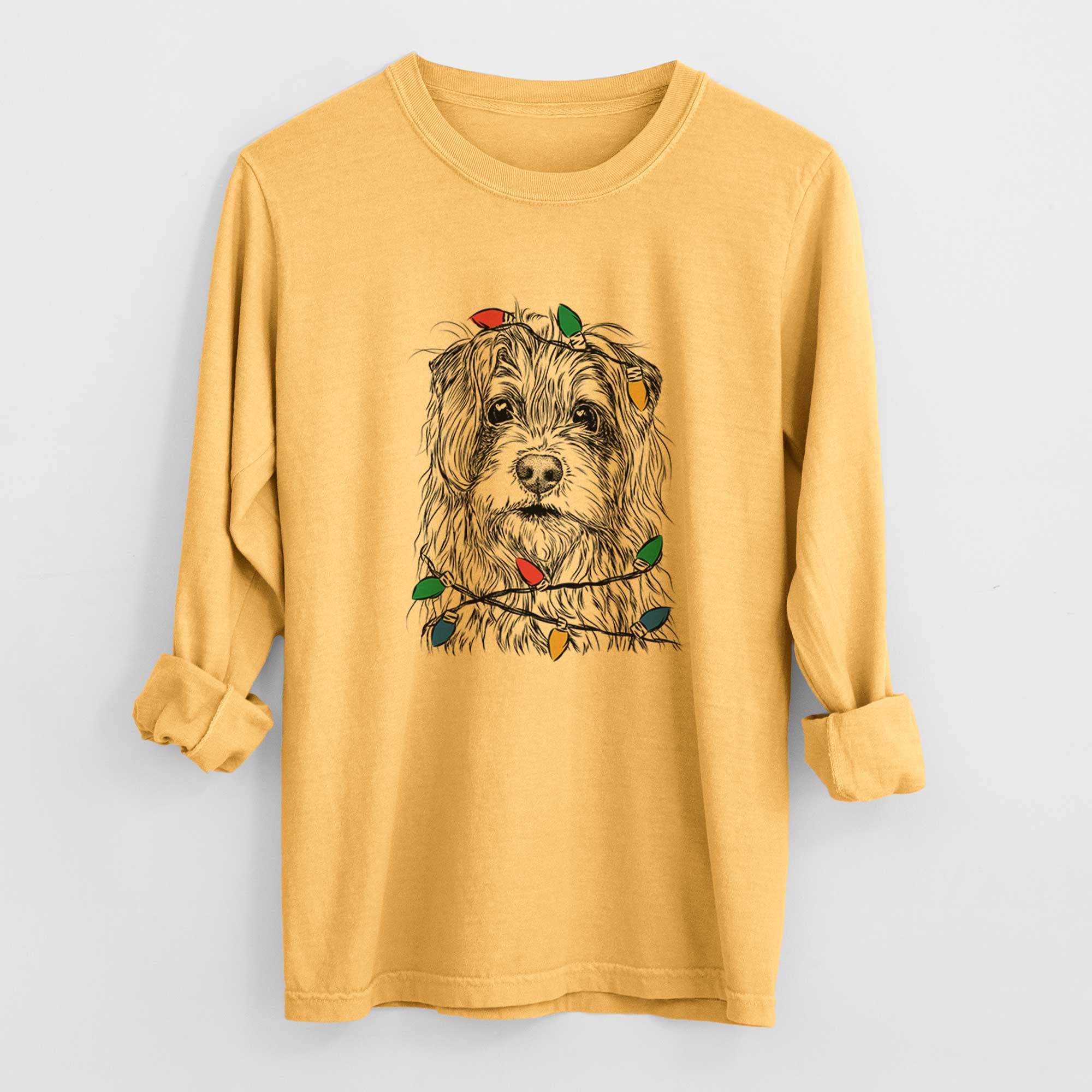 Christmas Lights Chester the Terrier Mix - Heavyweight 100% Cotton Long Sleeve