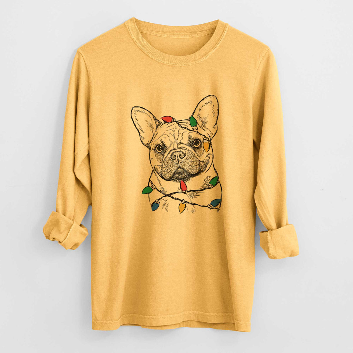 Christmas Lights Chew Chew the French Bulldog - Heavyweight 100% Cotton Long Sleeve