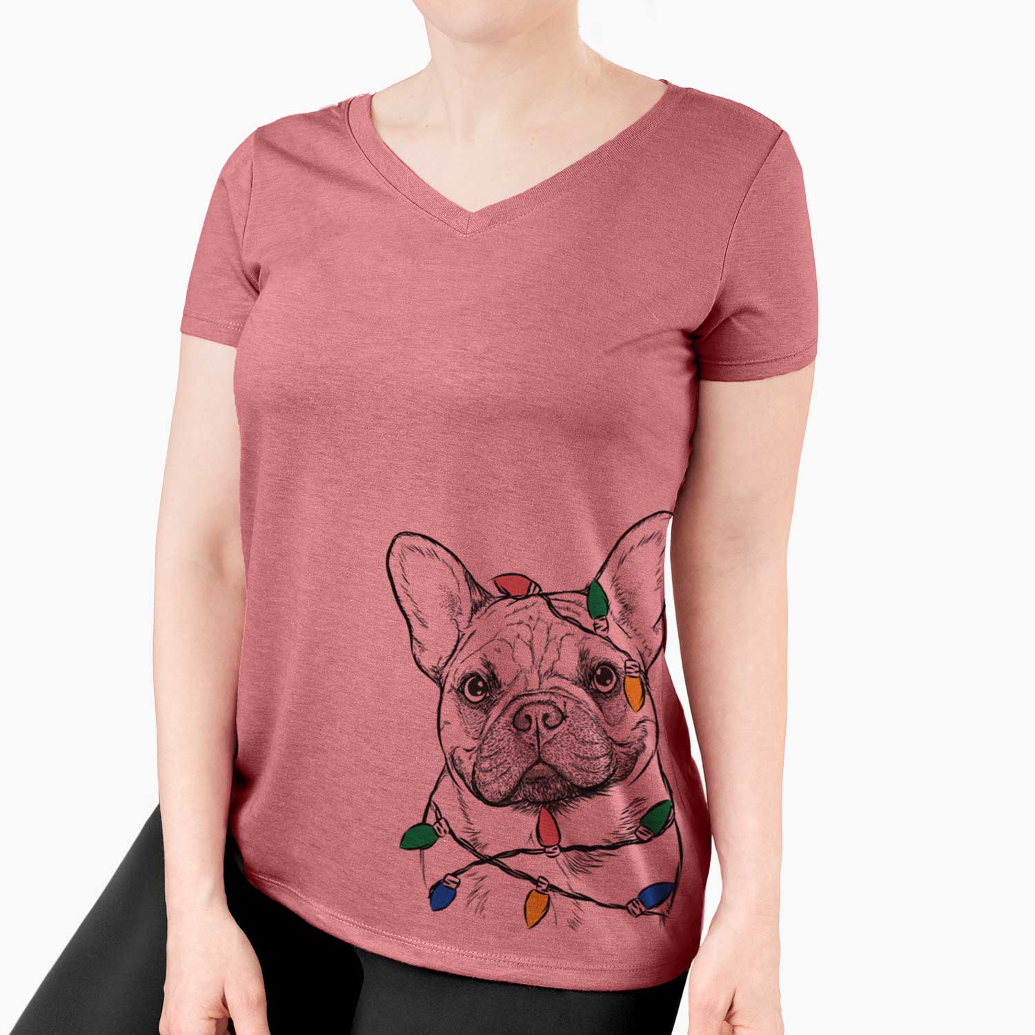 Christmas Lights Chew Chew the French Bulldog - Women's V-neck Shirt