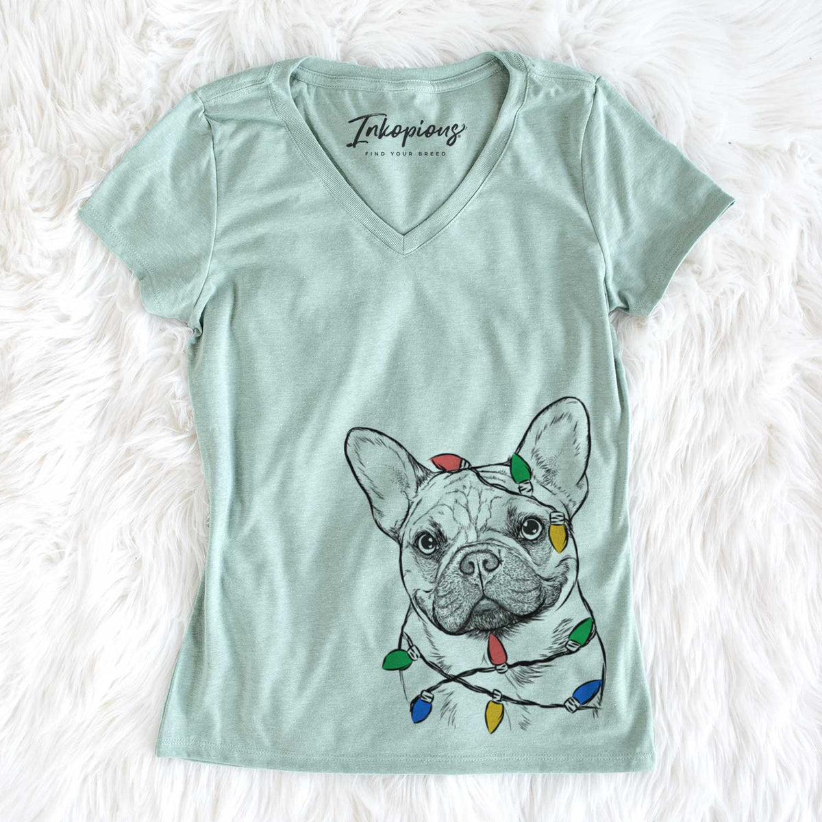 Christmas Lights Chew Chew the French Bulldog - Women&#39;s V-neck Shirt