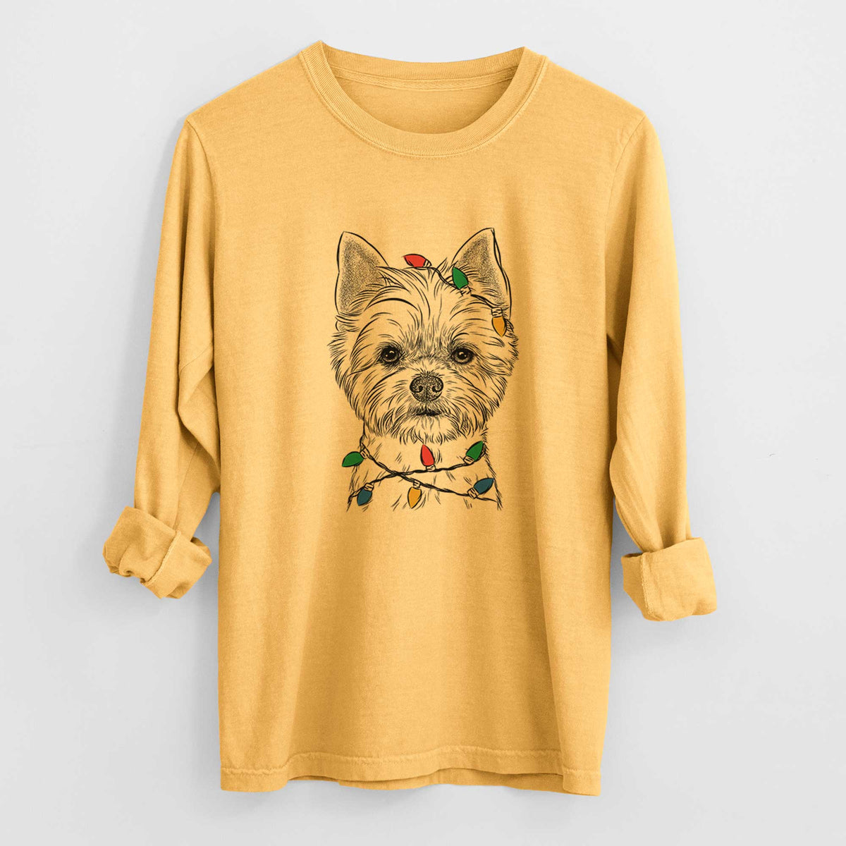 Christmas Lights Chewy the Yorkshire Terrier - Heavyweight 100% Cotton Long Sleeve