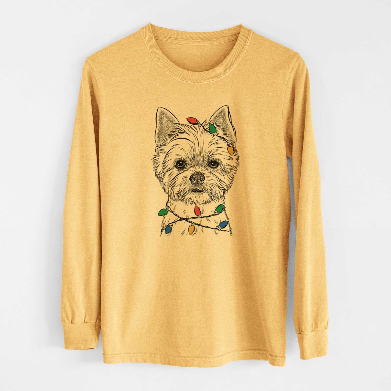 Christmas Lights Chewy the Yorkshire Terrier - Heavyweight 100% Cotton Long Sleeve