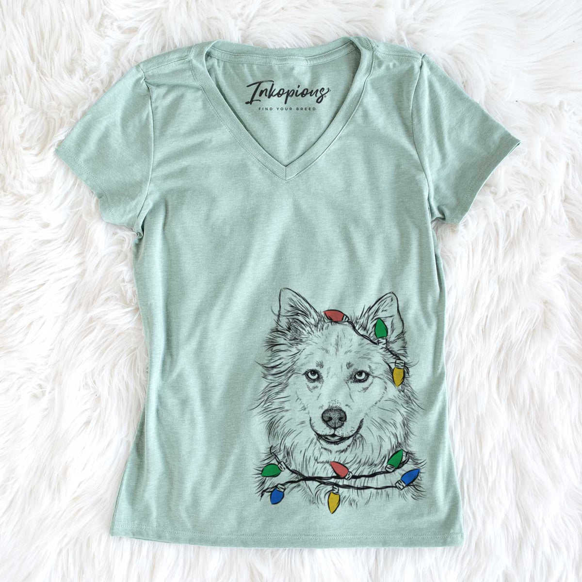 Christmas Lights Chia the Samoyed Husky Mix - Women&#39;s V-neck Shirt