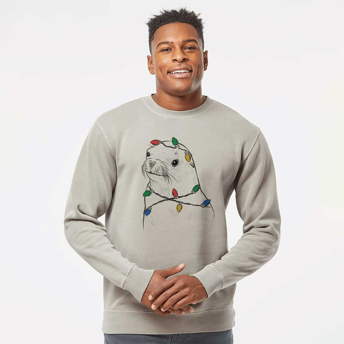 Christmas Lights Chip the California Sea Lion - Unisex Pigment Dyed Crew Sweatshirt