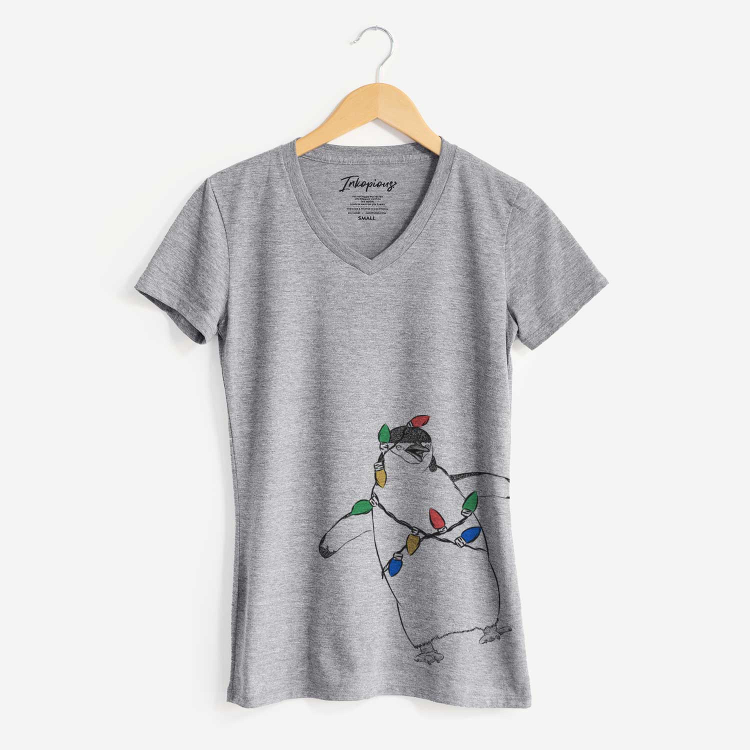 Christmas Lights Chive the Chinstrap Penguin - Women's V-neck Shirt