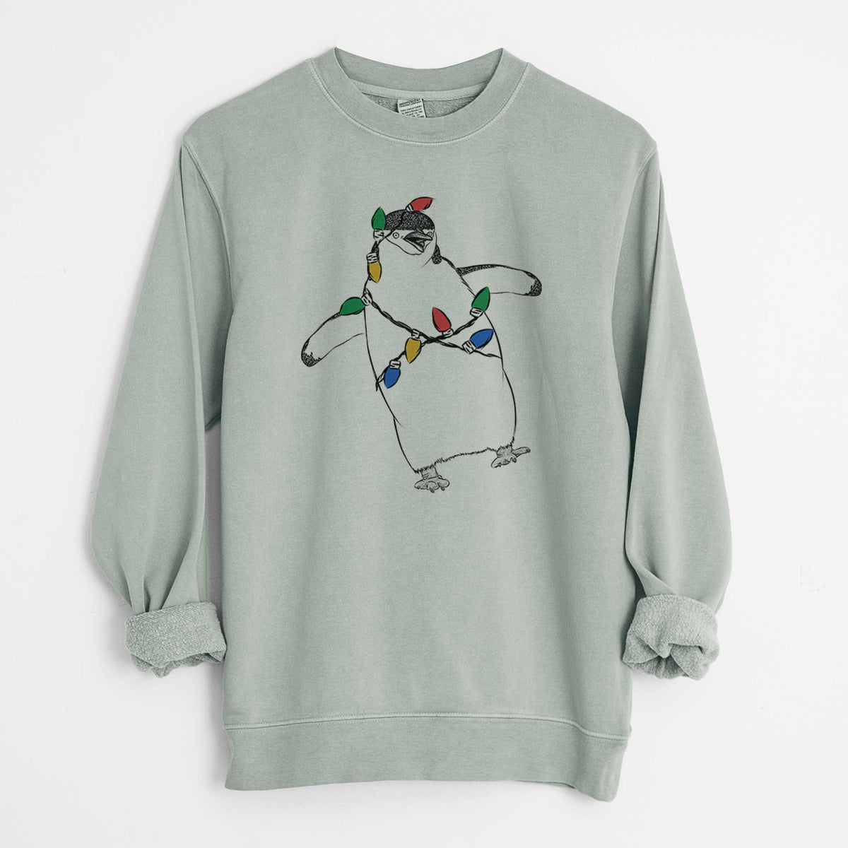 Christmas Lights Chive the Chinstrap Penguin - Unisex Pigment Dyed Crew Sweatshirt