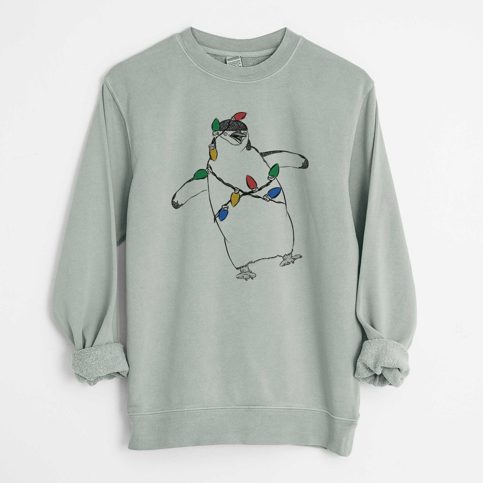 Christmas Lights Chive the Chinstrap Penguin - Unisex Pigment Dyed Crew Sweatshirt