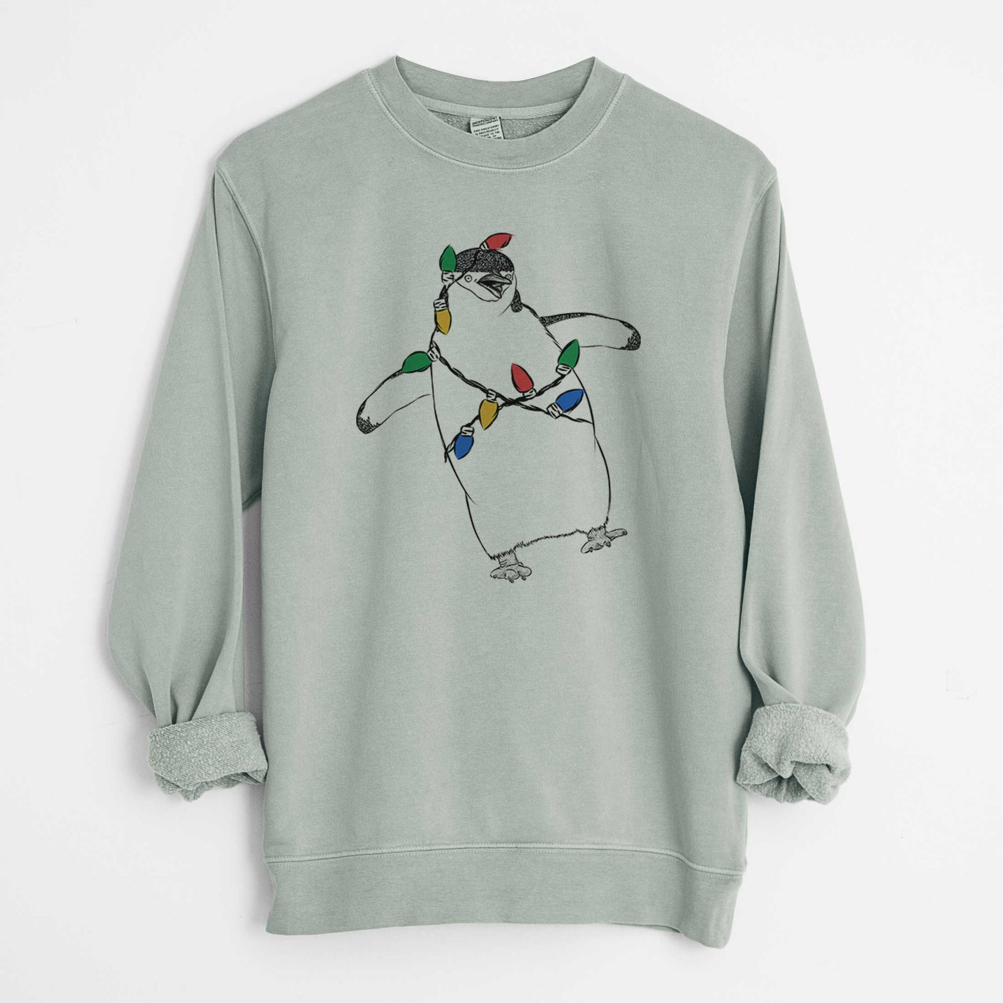 Christmas Lights Chive the Chinstrap Penguin - Unisex Pigment Dyed Crew Sweatshirt