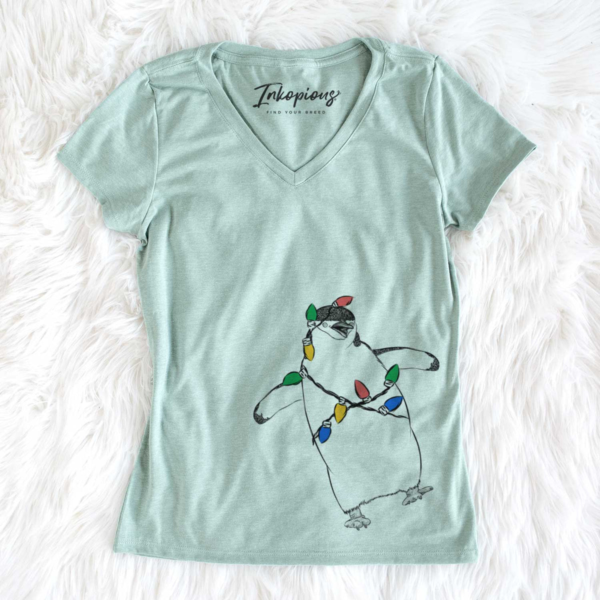 Christmas Lights Chive the Chinstrap Penguin - Women&#39;s V-neck Shirt