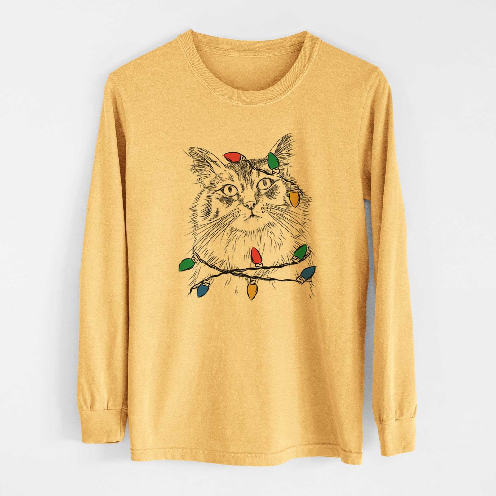 Christmas Lights Chloe the Tabby Cat - Heavyweight 100% Cotton Long Sleeve