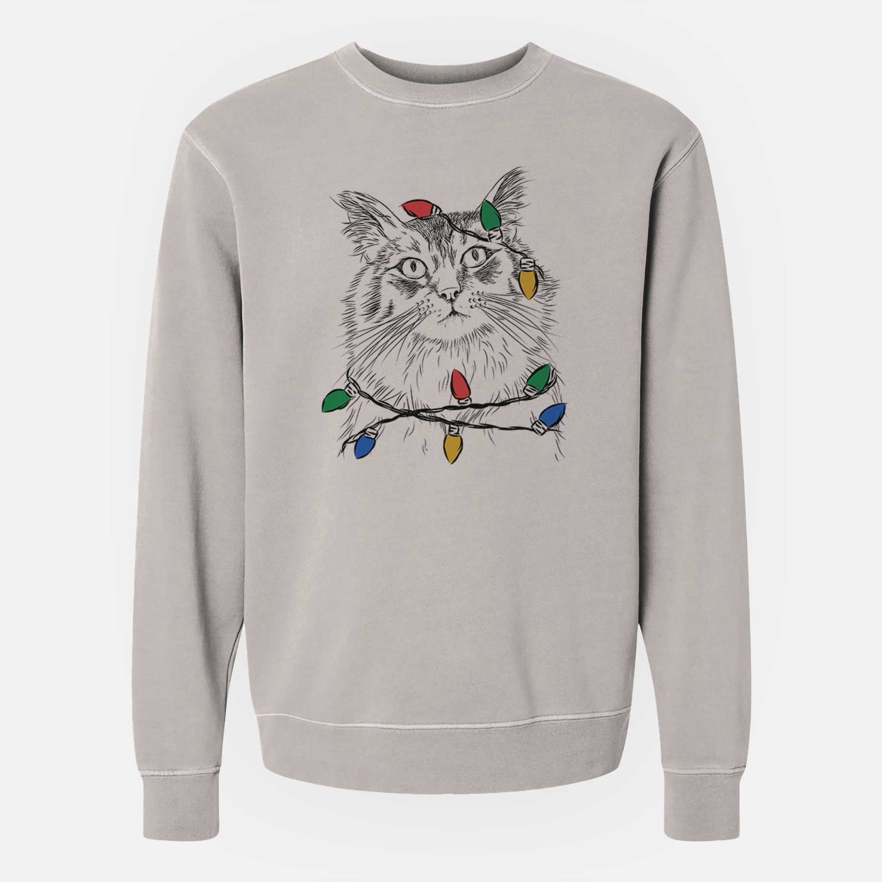 Christmas Lights Chloe the Tabby Cat - Unisex Pigment Dyed Crew Sweatshirt