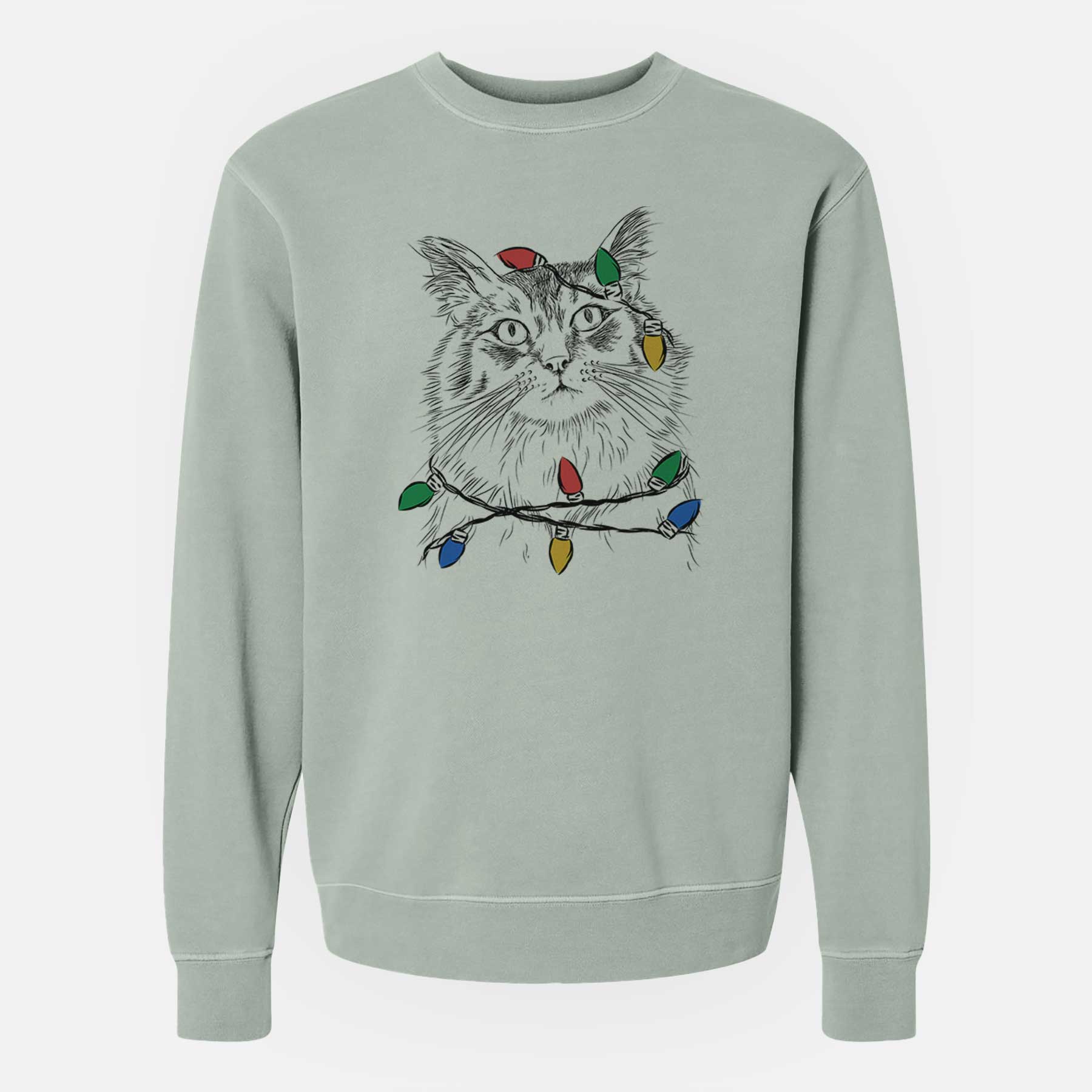 Christmas Lights Chloe the Tabby Cat - Unisex Pigment Dyed Crew Sweatshirt