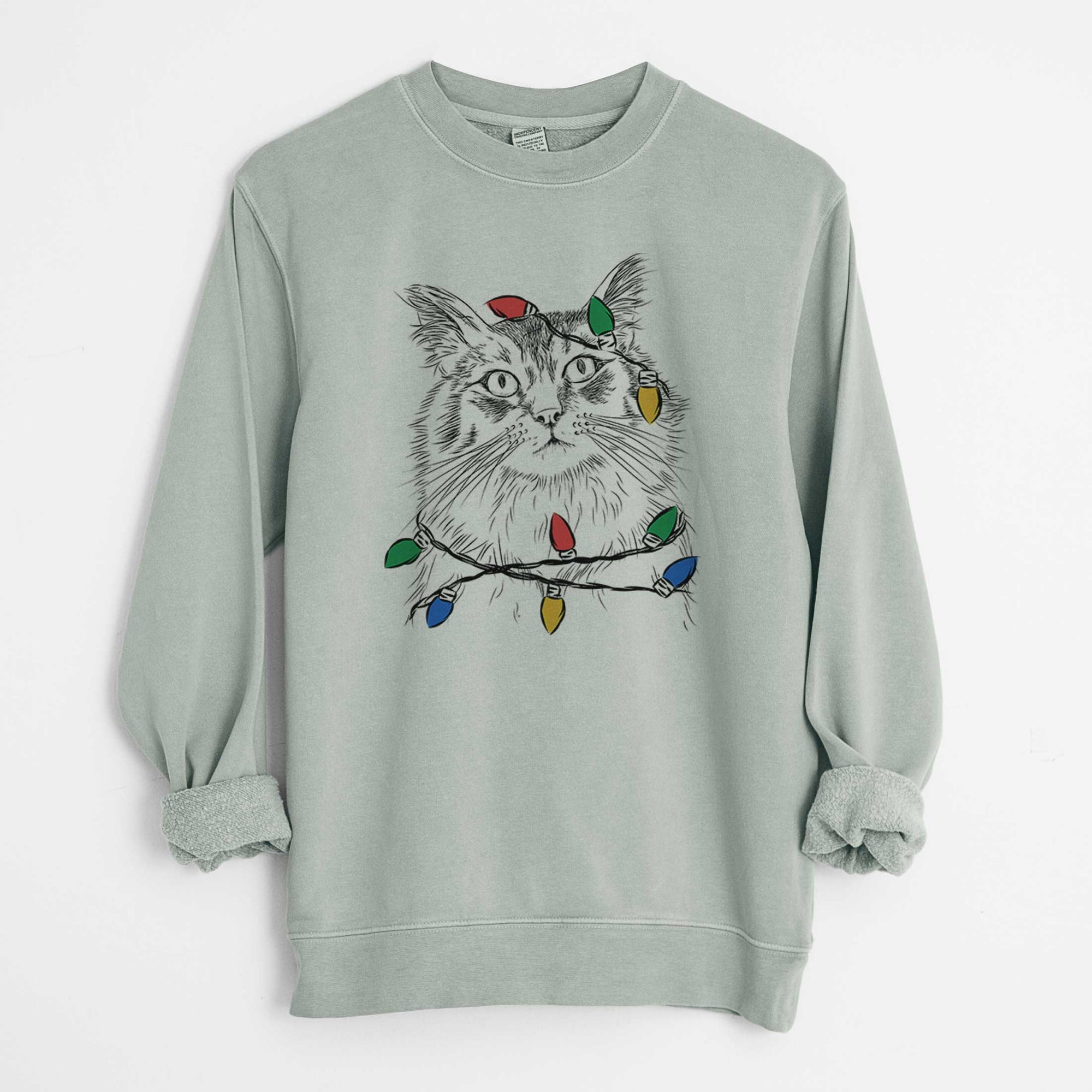 Christmas Lights Chloe the Tabby Cat - Unisex Pigment Dyed Crew Sweatshirt