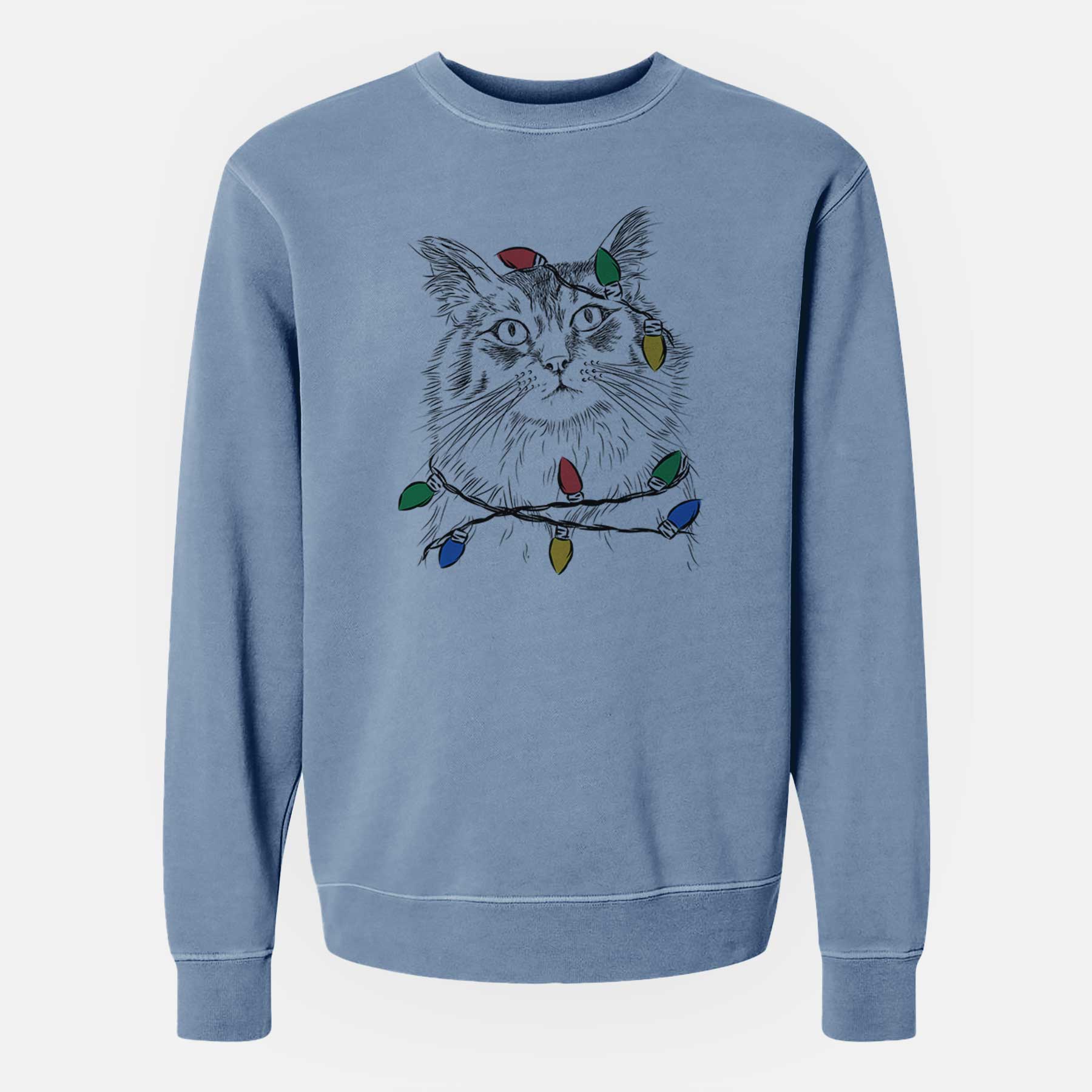 Christmas Lights Chloe the Tabby Cat - Unisex Pigment Dyed Crew Sweatshirt