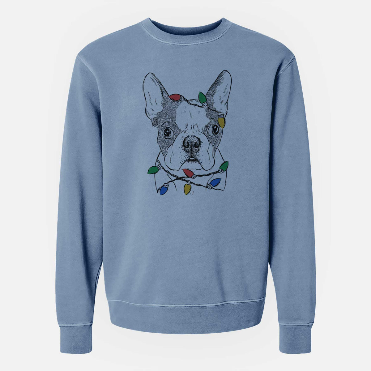 Christmas Lights Chocolate Chip the Boston Terrier - Unisex Pigment Dyed Crew Sweatshirt