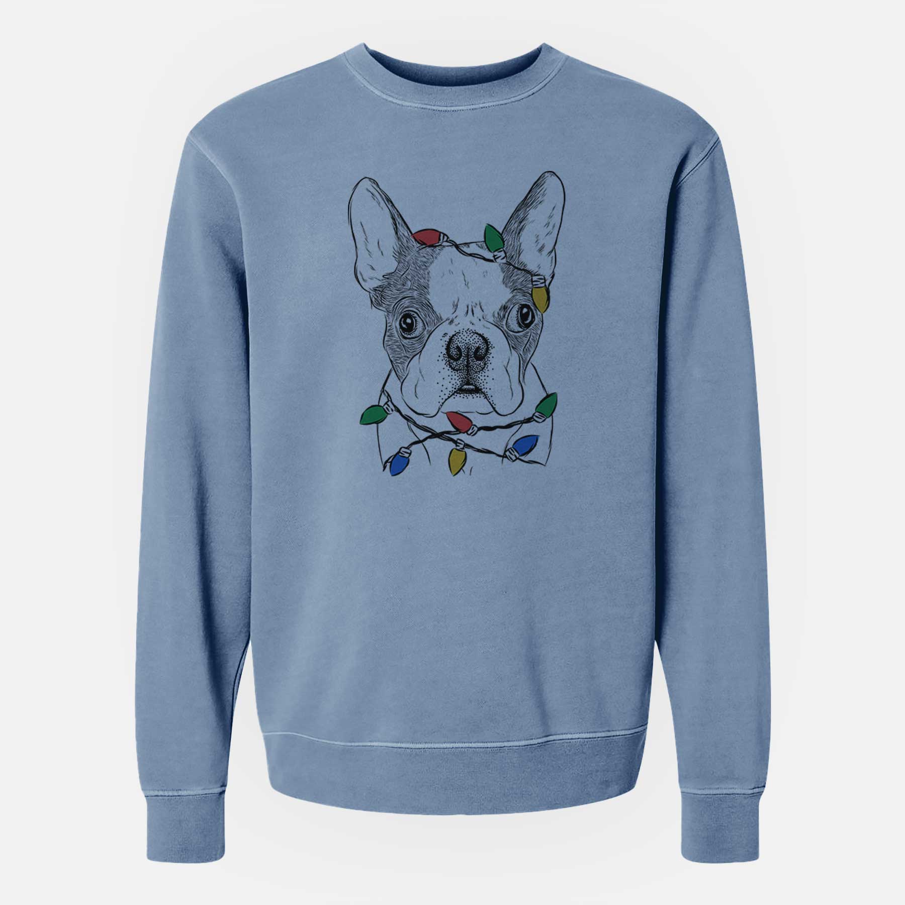 Christmas Lights Chocolate Chip the Boston Terrier - Unisex Pigment Dyed Crew Sweatshirt