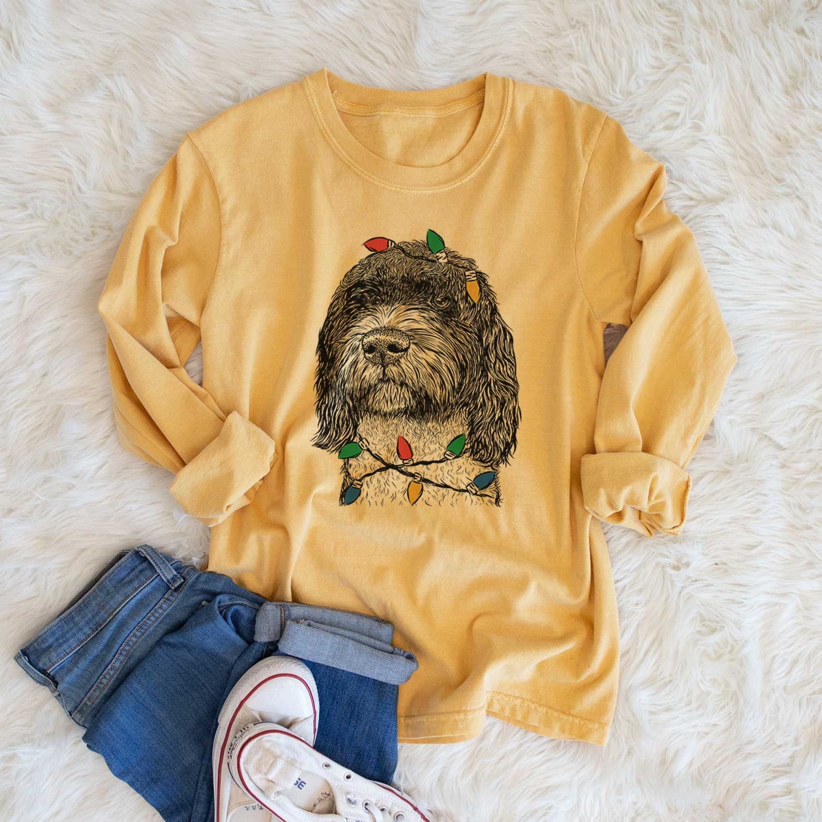 Christmas Lights Chris the Portuguese Water Dog - Heavyweight 100% Cotton Long Sleeve