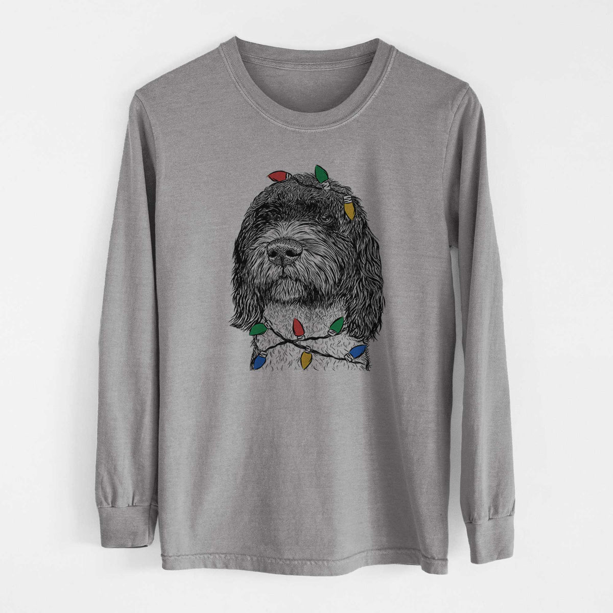 Christmas Lights Chris the Portuguese Water Dog - Heavyweight 100% Cotton Long Sleeve