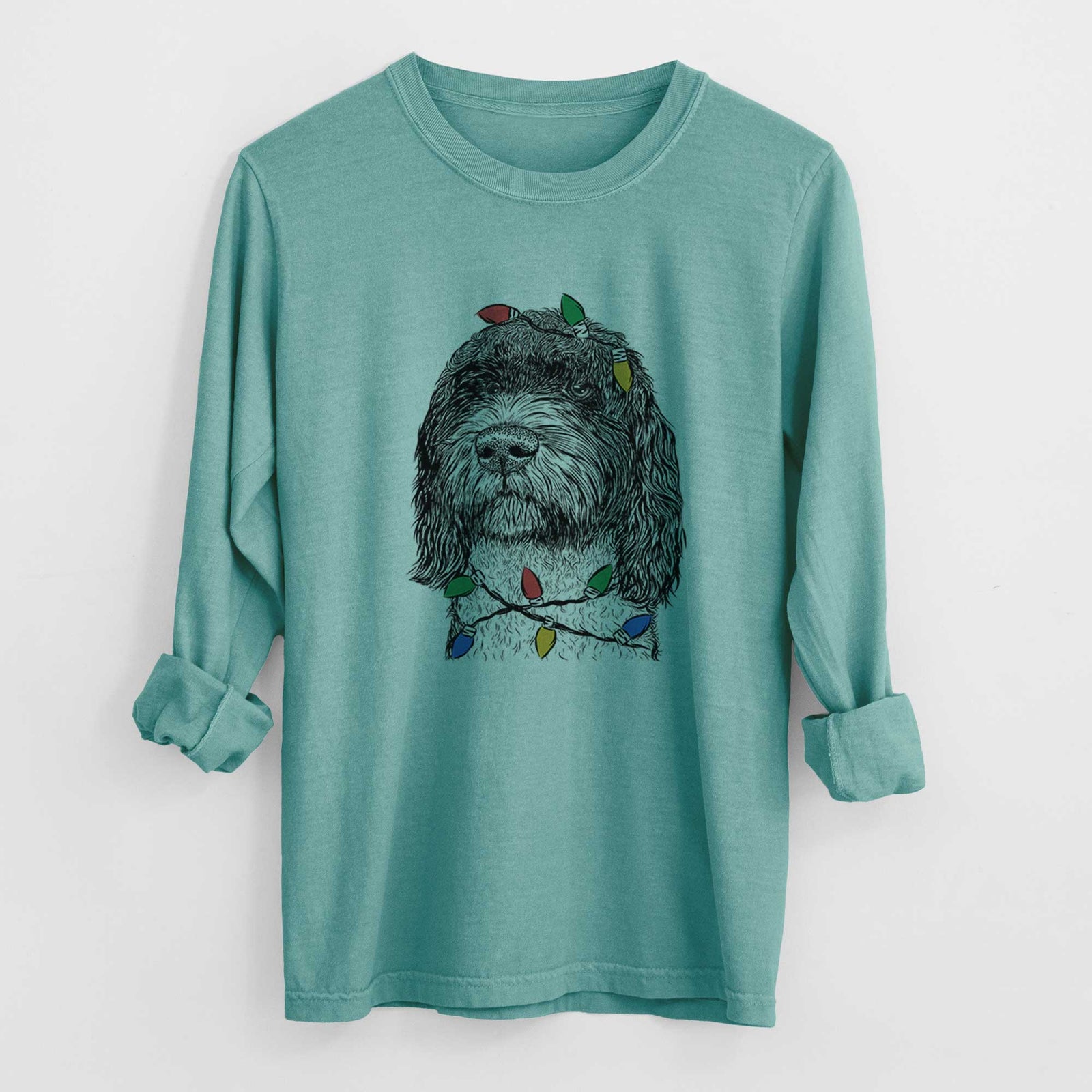 Christmas Lights Chris the Portuguese Water Dog - Heavyweight 100% Cotton Long Sleeve