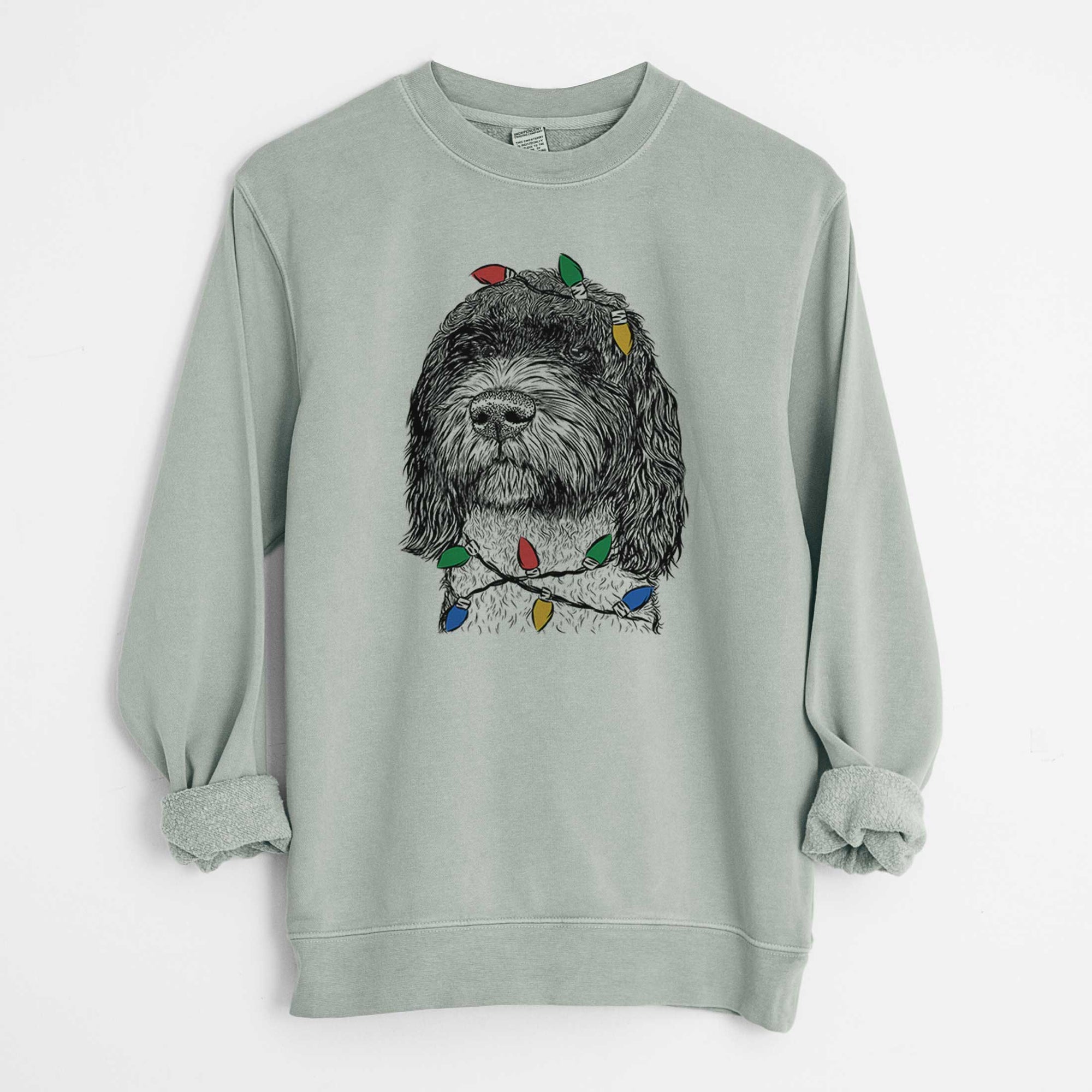 Christmas Lights Chris the Portuguese Water Dog - Unisex Pigment Dyed Crew Sweatshirt