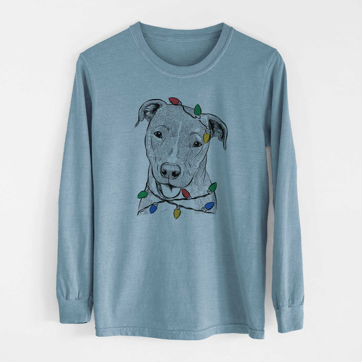 Christmas Lights Claiborne the American Staffordshire Terrier - Heavyweight 100% Cotton Long Sleeve