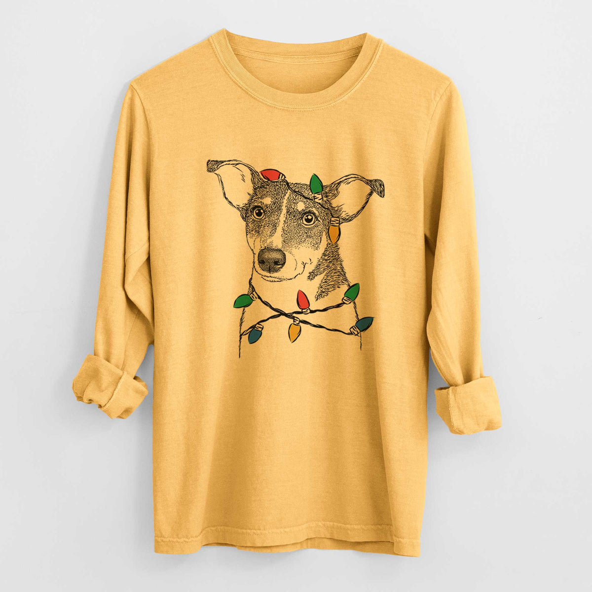 Christmas Lights Cleo the Terrier Mix - Heavyweight 100% Cotton Long Sleeve