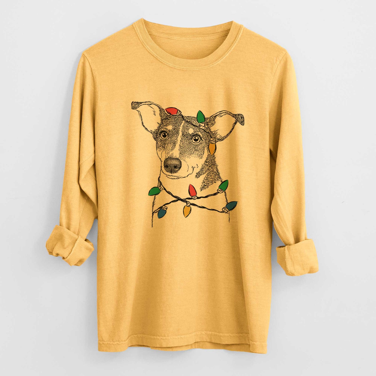 Christmas Lights Cleo the Terrier Mix - Heavyweight 100% Cotton Long Sleeve