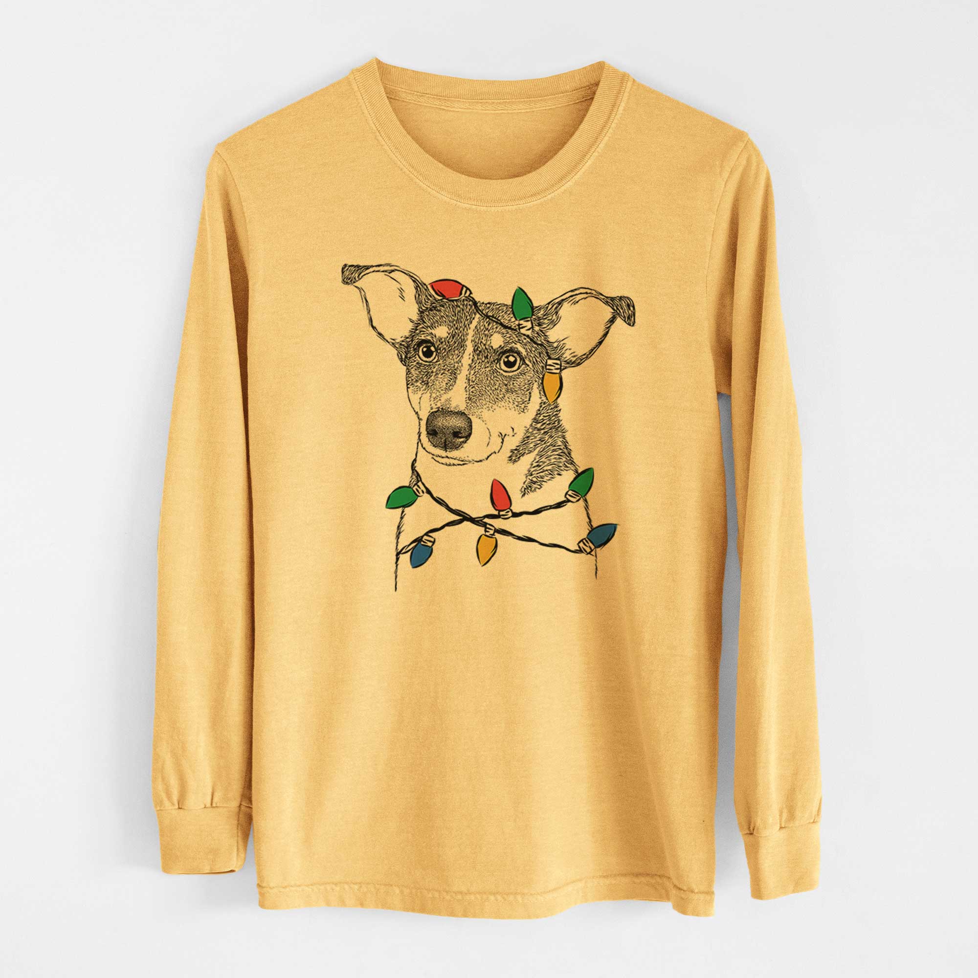 Christmas Lights Cleo the Terrier Mix - Heavyweight 100% Cotton Long Sleeve