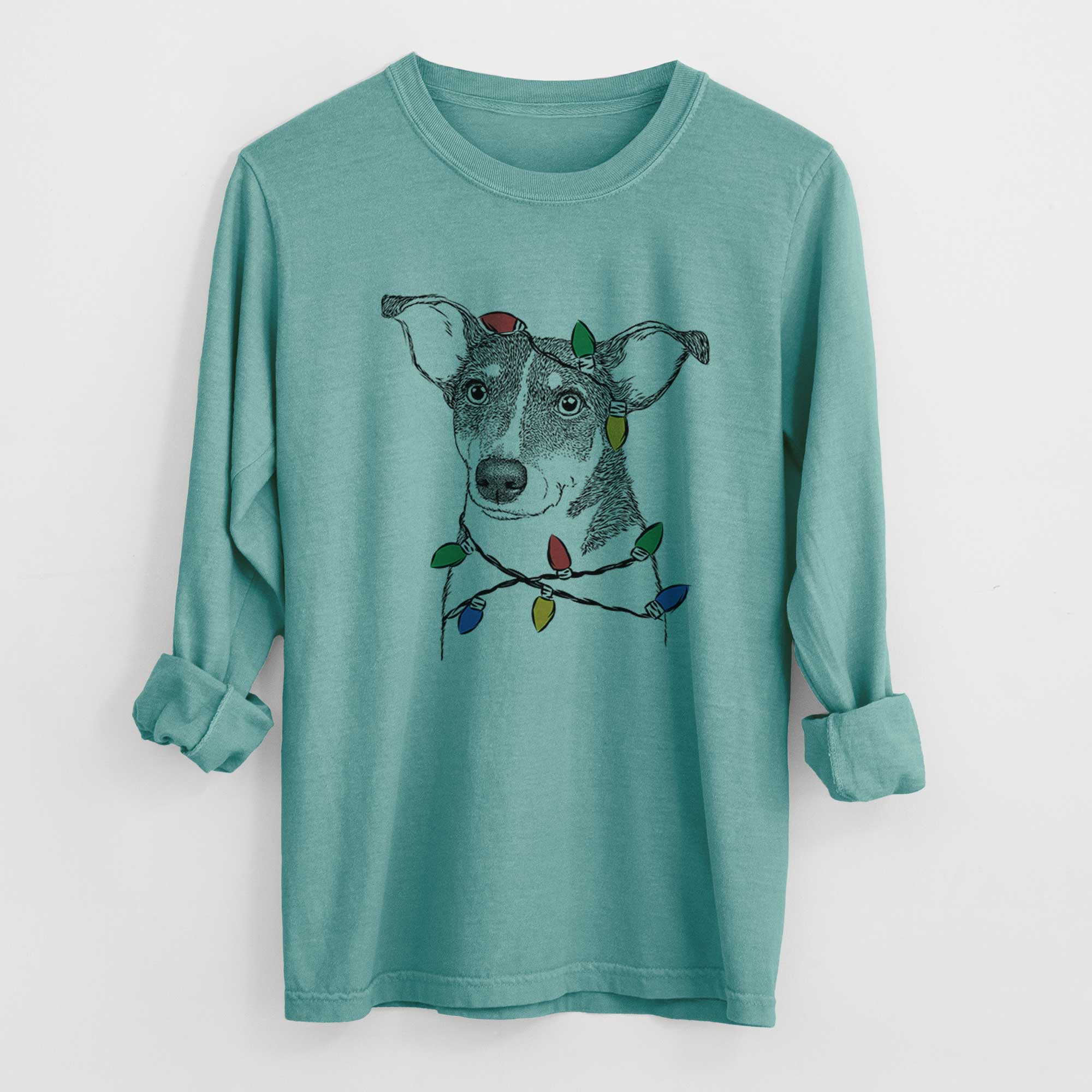 Christmas Lights Cleo the Terrier Mix - Heavyweight 100% Cotton Long Sleeve