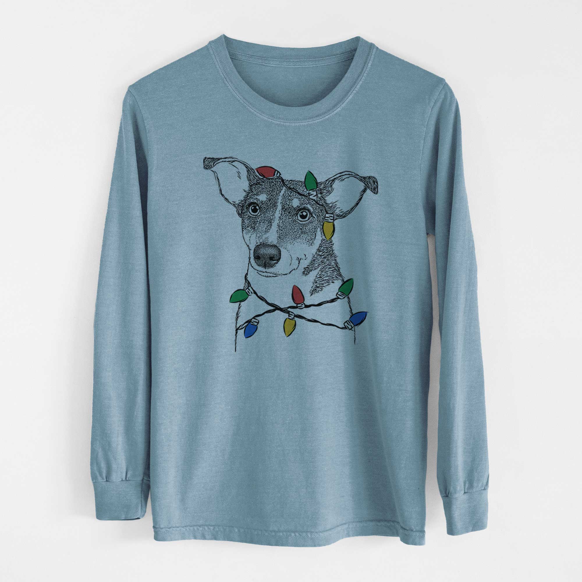 Christmas Lights Cleo the Terrier Mix - Heavyweight 100% Cotton Long Sleeve