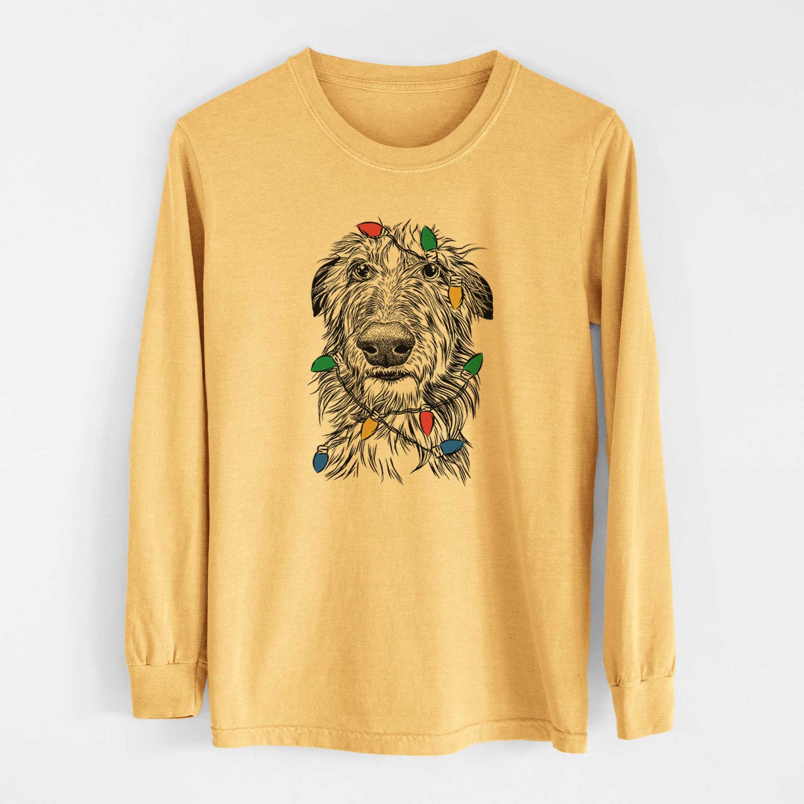 Christmas Lights Cleod the Scottish Deerhound - Heavyweight 100% Cotton Long Sleeve