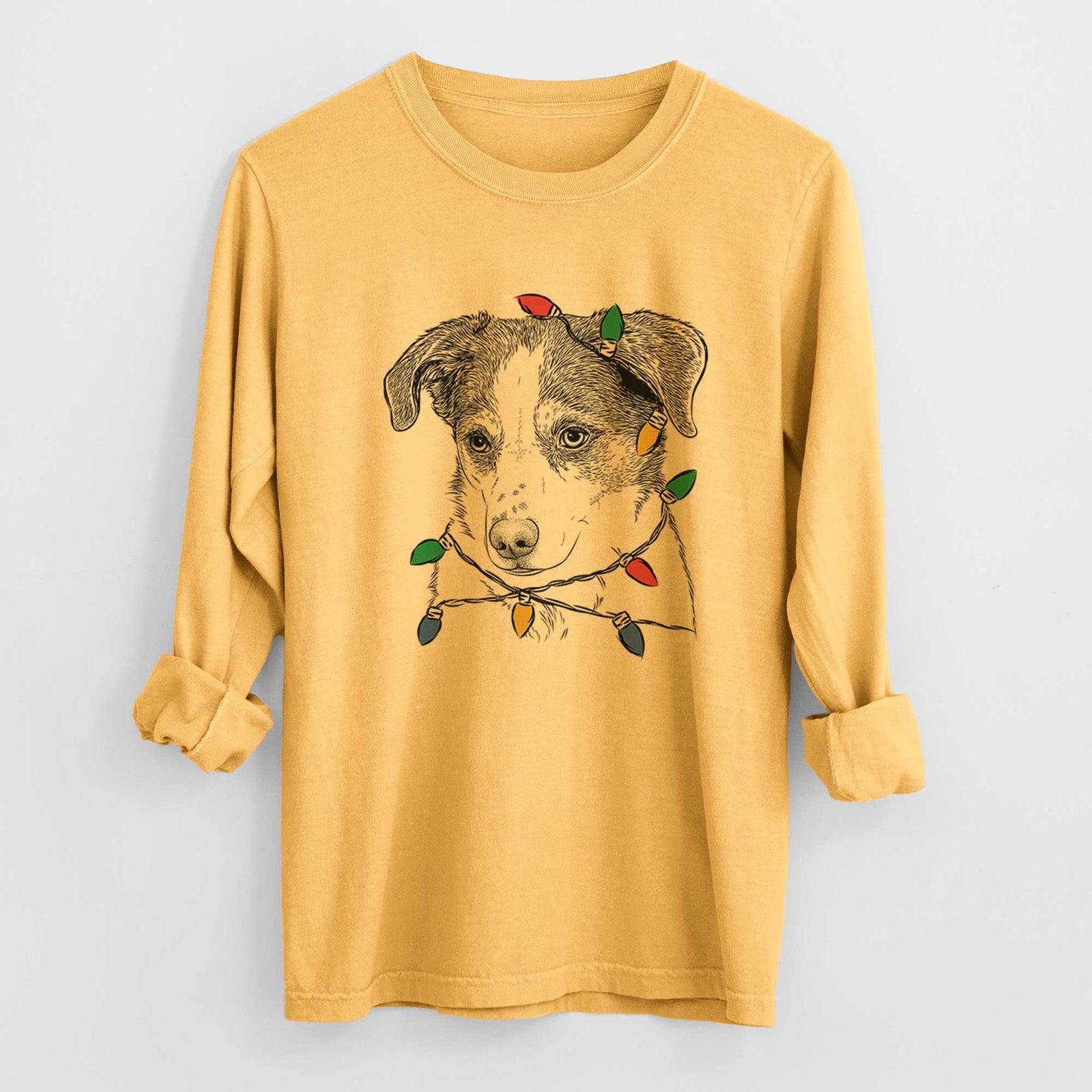 Christmas Lights Coco the Beagle Mix - Heavyweight 100% Cotton Long Sleeve