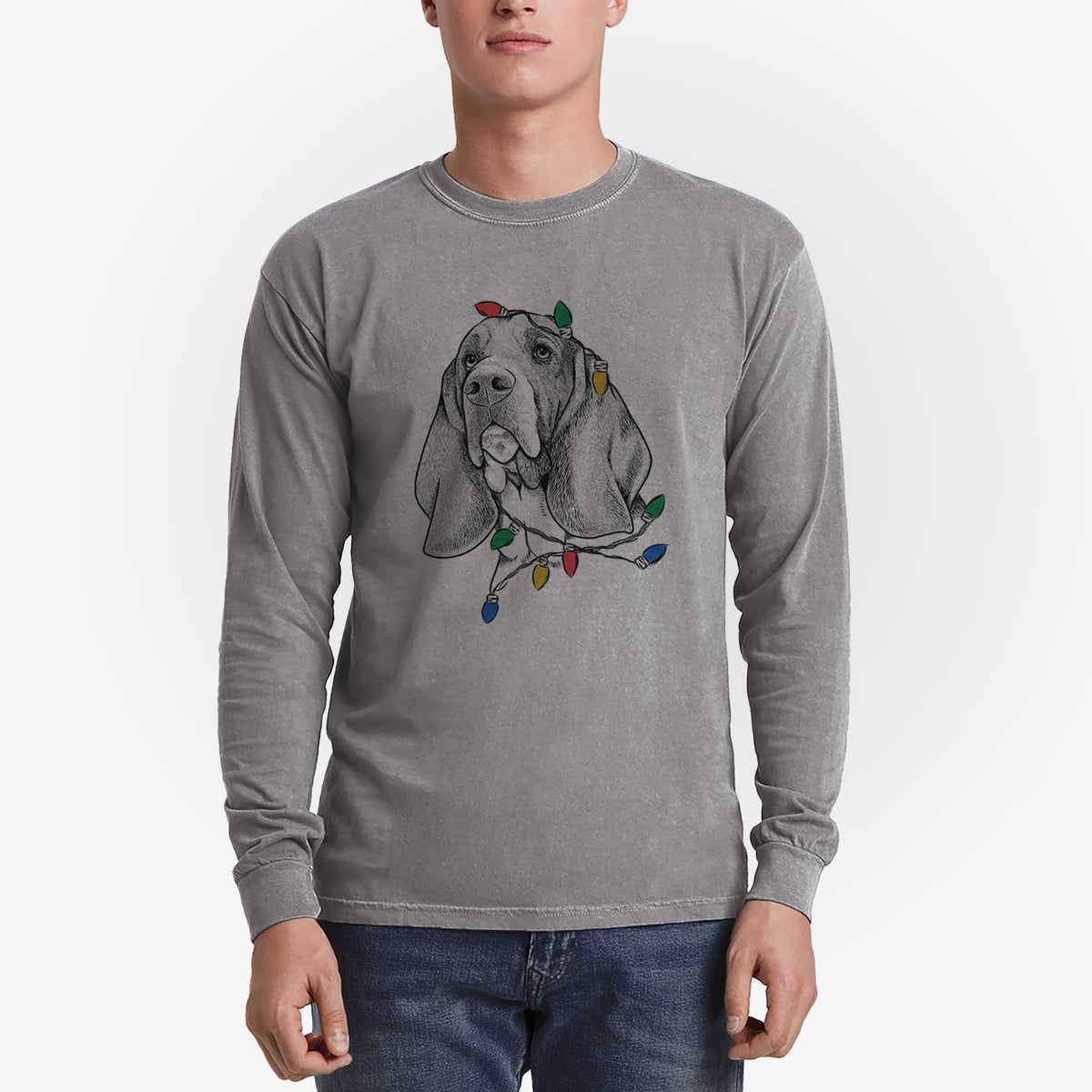 Christmas Lights Cooper the Basset Hound - Heavyweight 100% Cotton Long Sleeve