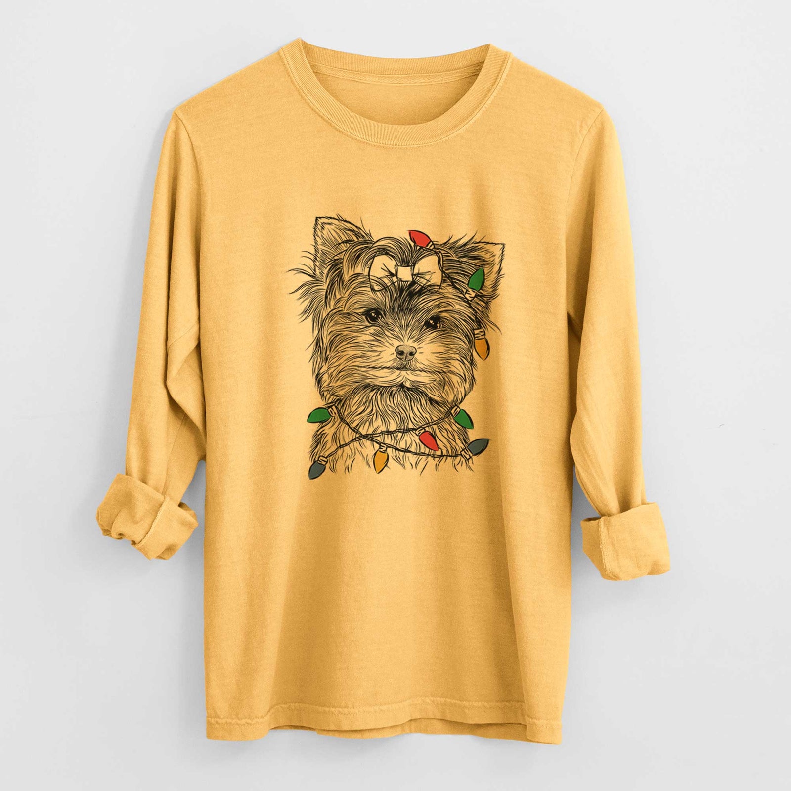 Christmas Lights Cricket the Biewer Terrier - Heavyweight 100% Cotton Long Sleeve