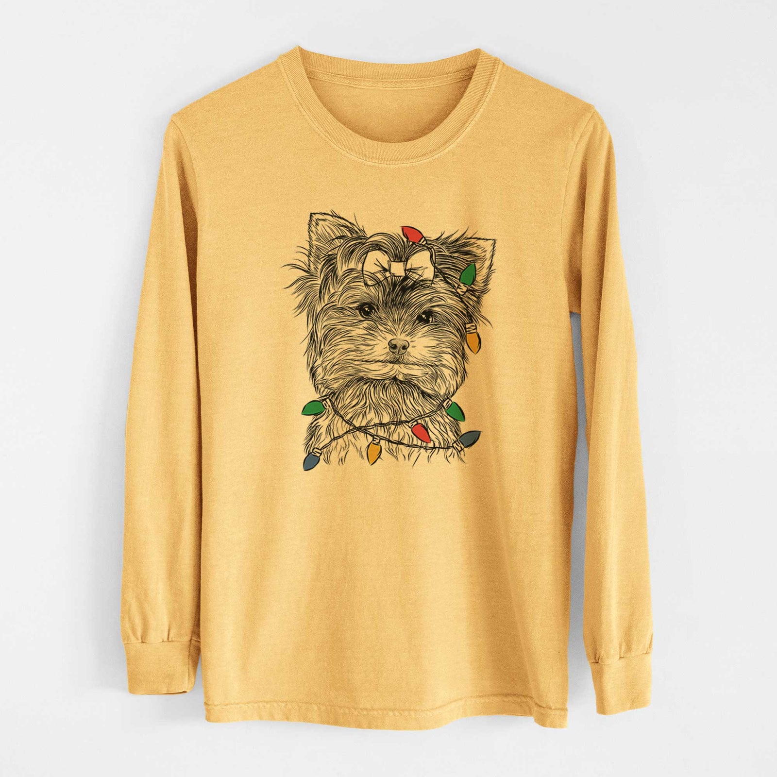 Christmas Lights Cricket the Biewer Terrier - Heavyweight 100% Cotton Long Sleeve