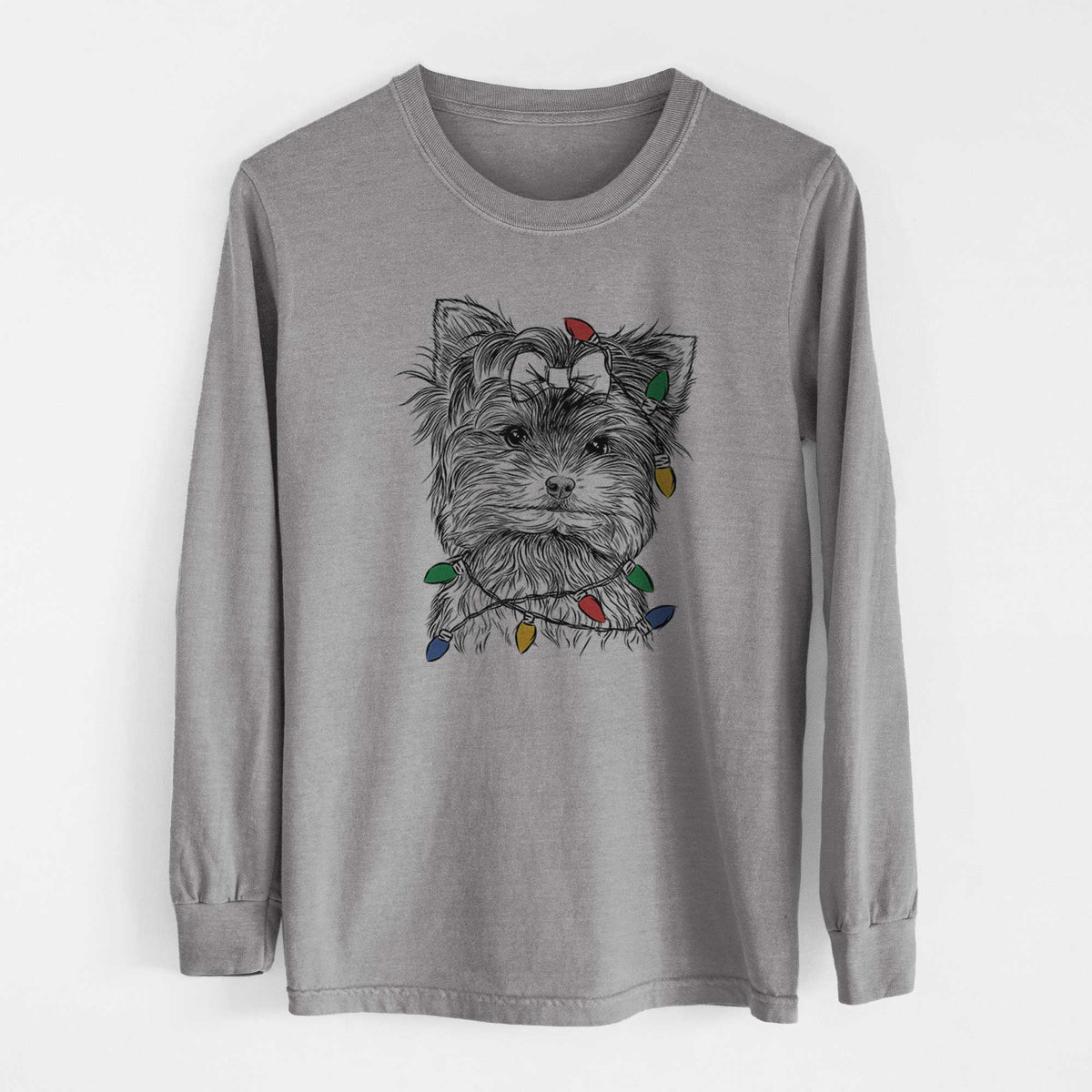 Christmas Lights Cricket the Biewer Terrier - Heavyweight 100% Cotton Long Sleeve