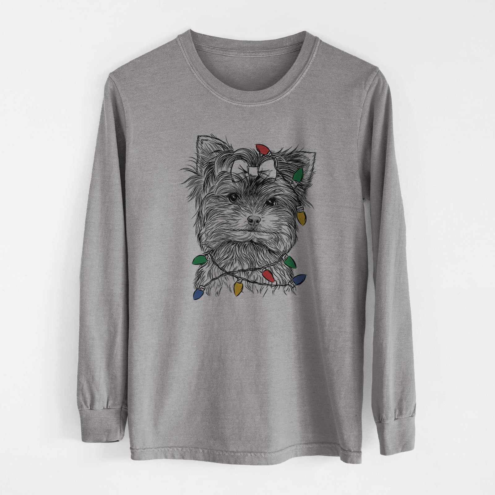 Christmas Lights Cricket the Biewer Terrier - Heavyweight 100% Cotton Long Sleeve