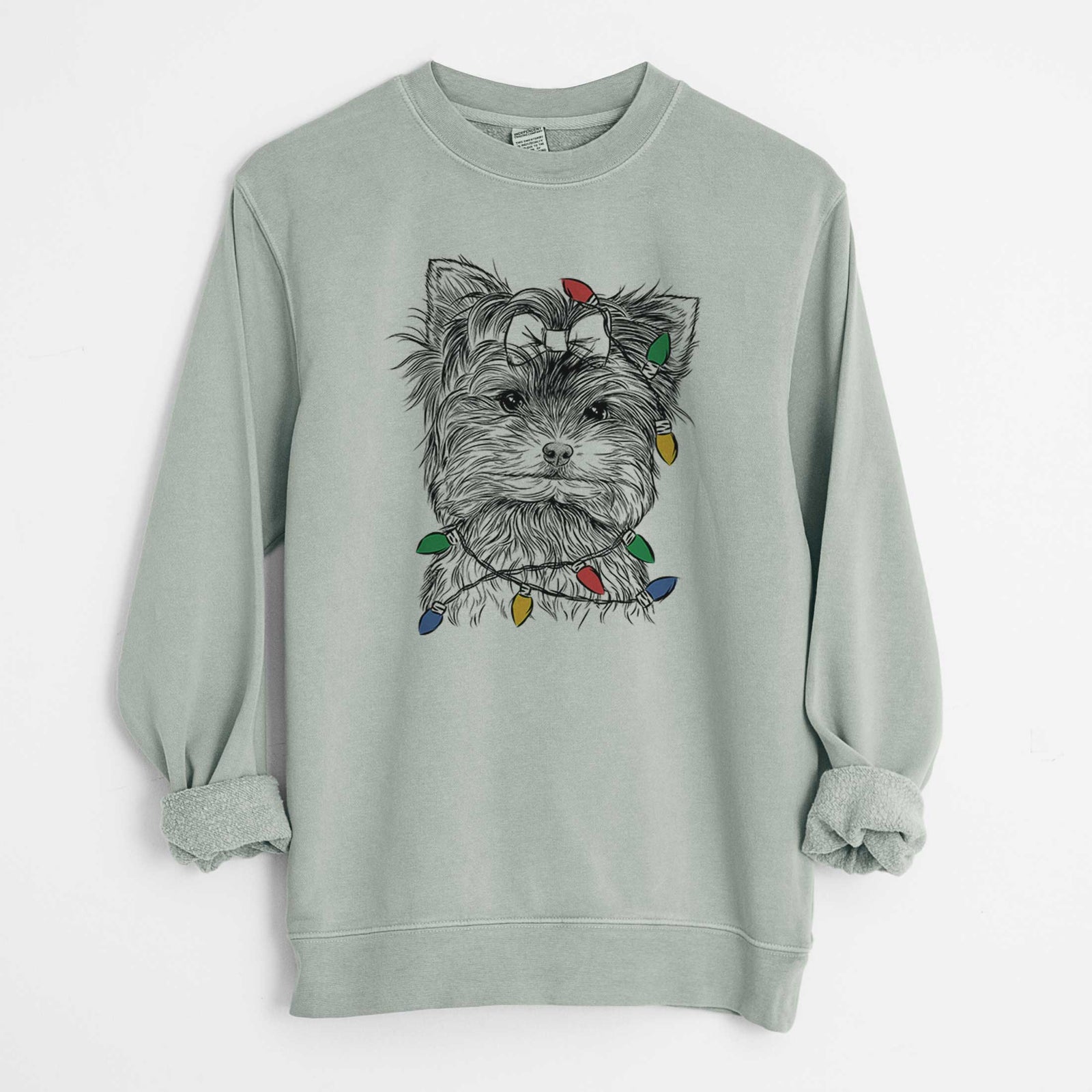 Christmas Lights Cricket the Biewer Terrier - Unisex Pigment Dyed Crew Sweatshirt