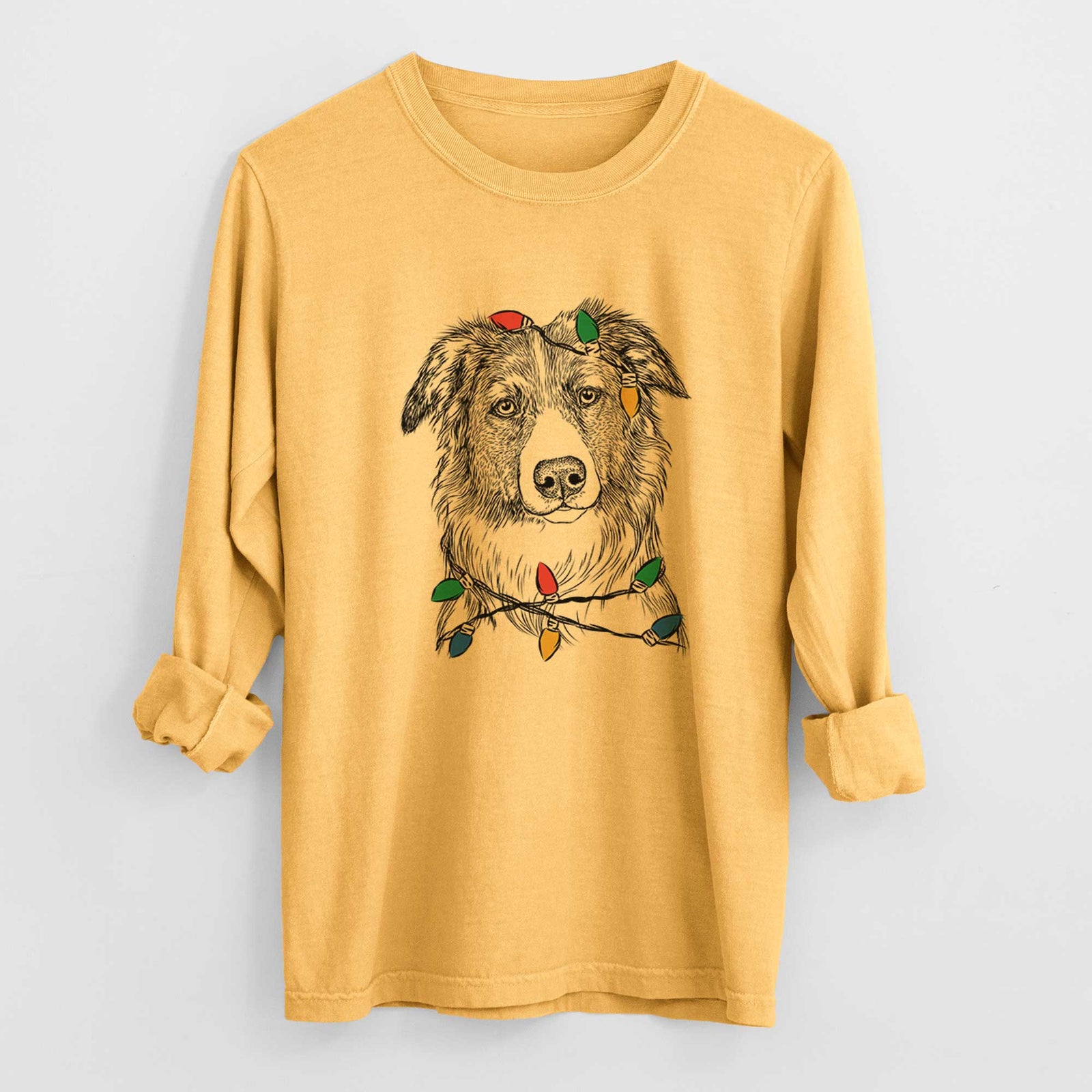 Christmas Lights Cynder the English Shepherd - Heavyweight 100% Cotton Long Sleeve