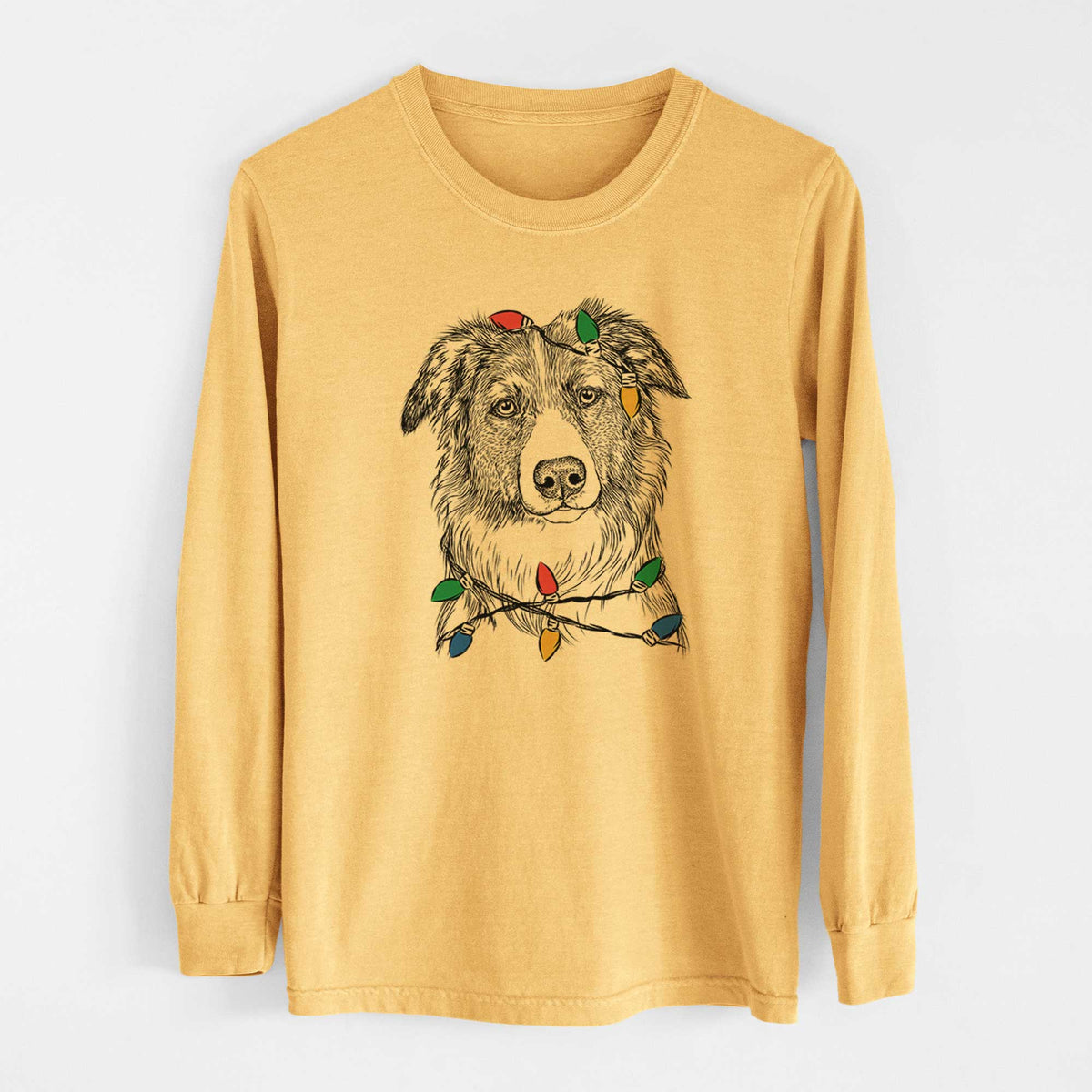 Christmas Lights Cynder the English Shepherd - Heavyweight 100% Cotton Long Sleeve