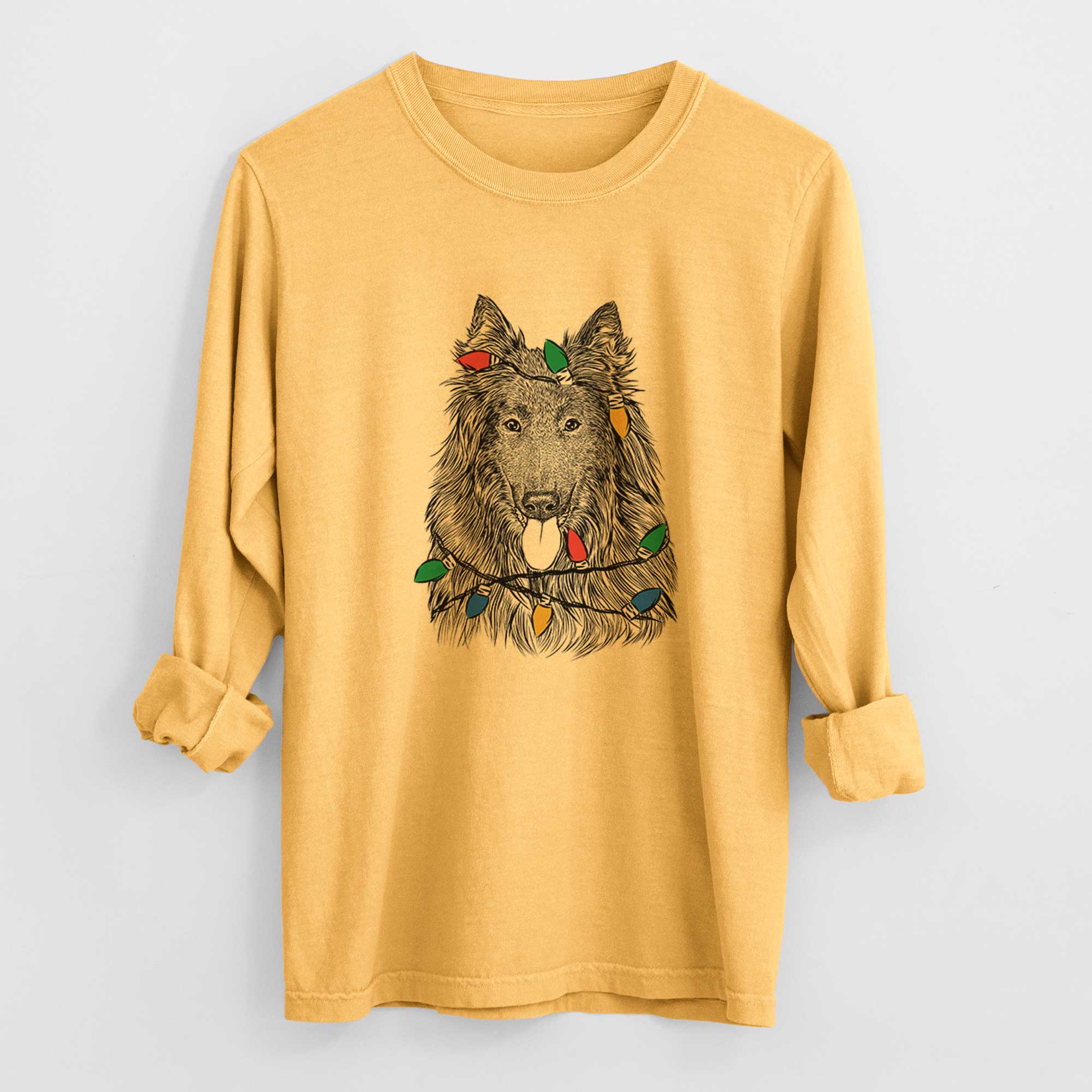 Christmas Lights Daan the Belgian Shepherd - Heavyweight 100% Cotton Long Sleeve