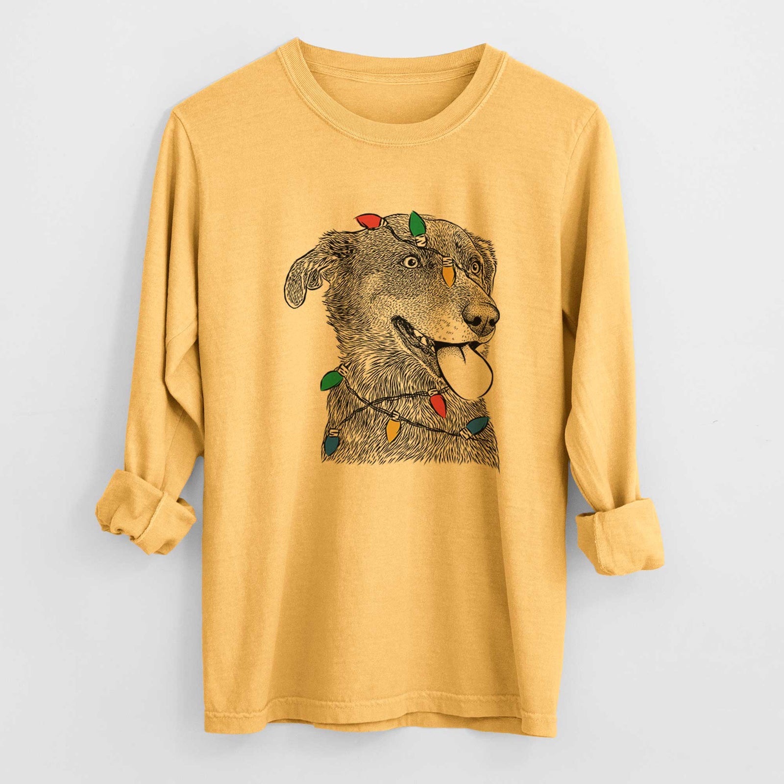 Christmas Lights Daisy the Australian Shepherd Mix - Heavyweight 100% Cotton Long Sleeve