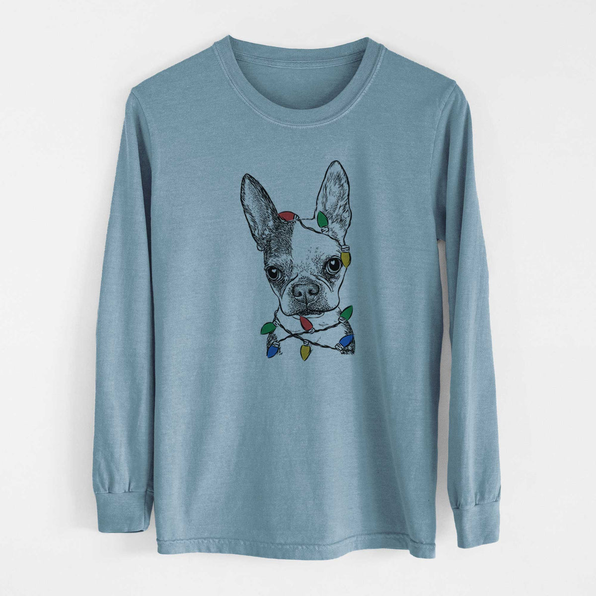 Christmas Lights Daisy the Boston Terrier - Heavyweight 100% Cotton Long Sleeve