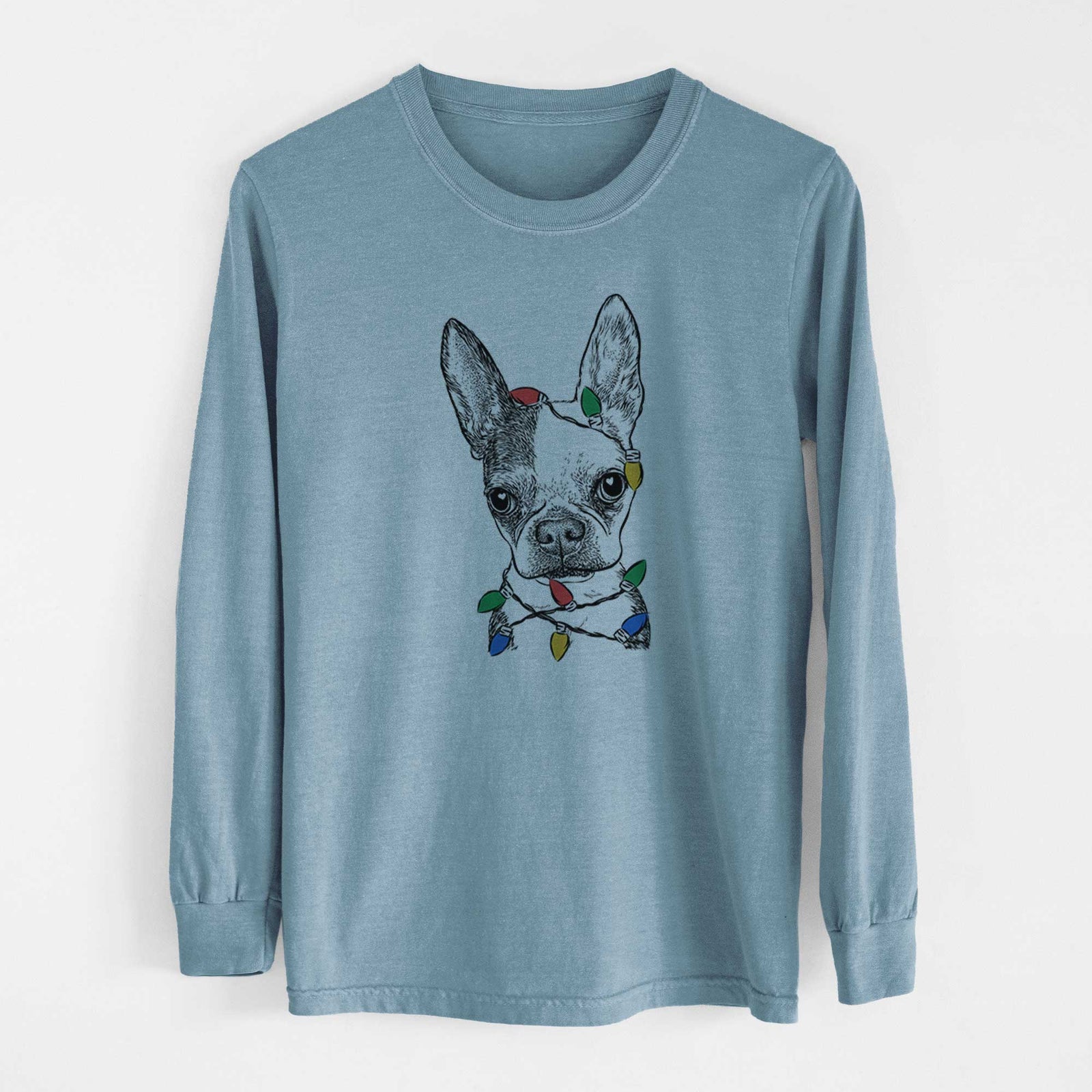 Christmas Lights Daisy the Boston Terrier - Heavyweight 100% Cotton Long Sleeve
