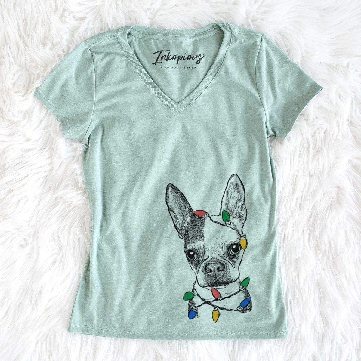 Christmas Lights Daisy the Boston Terrier - Women&#39;s V-neck Shirt