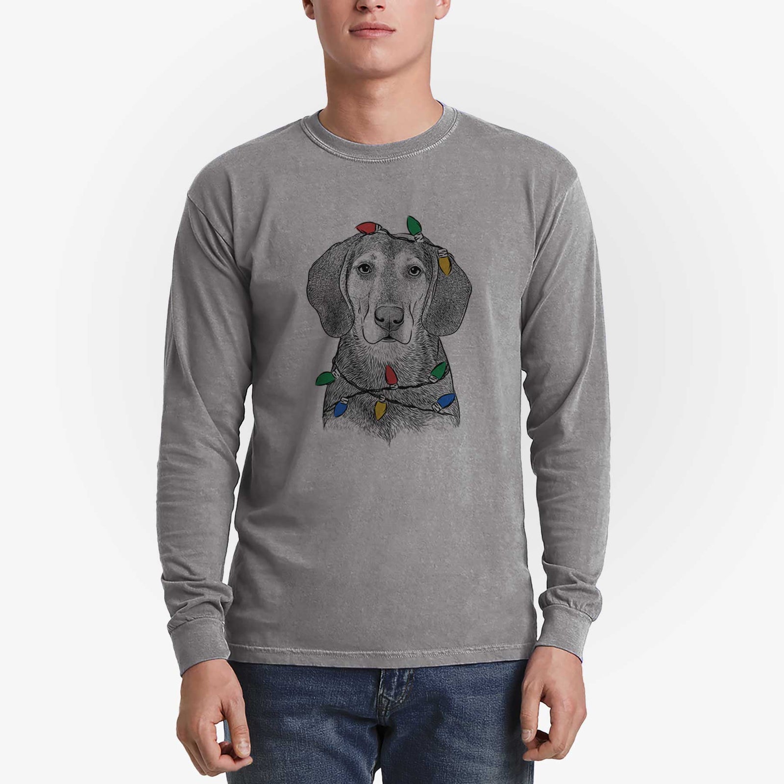 Christmas Lights Daisy the Hound Mix - Heavyweight 100% Cotton Long Sleeve