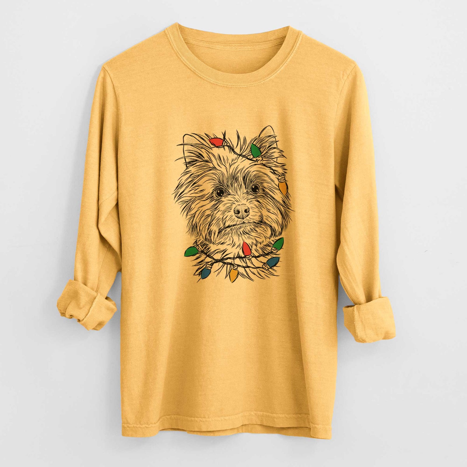 Christmas Lights Dakota the Yorkshire Terrier - Heavyweight 100% Cotton Long Sleeve