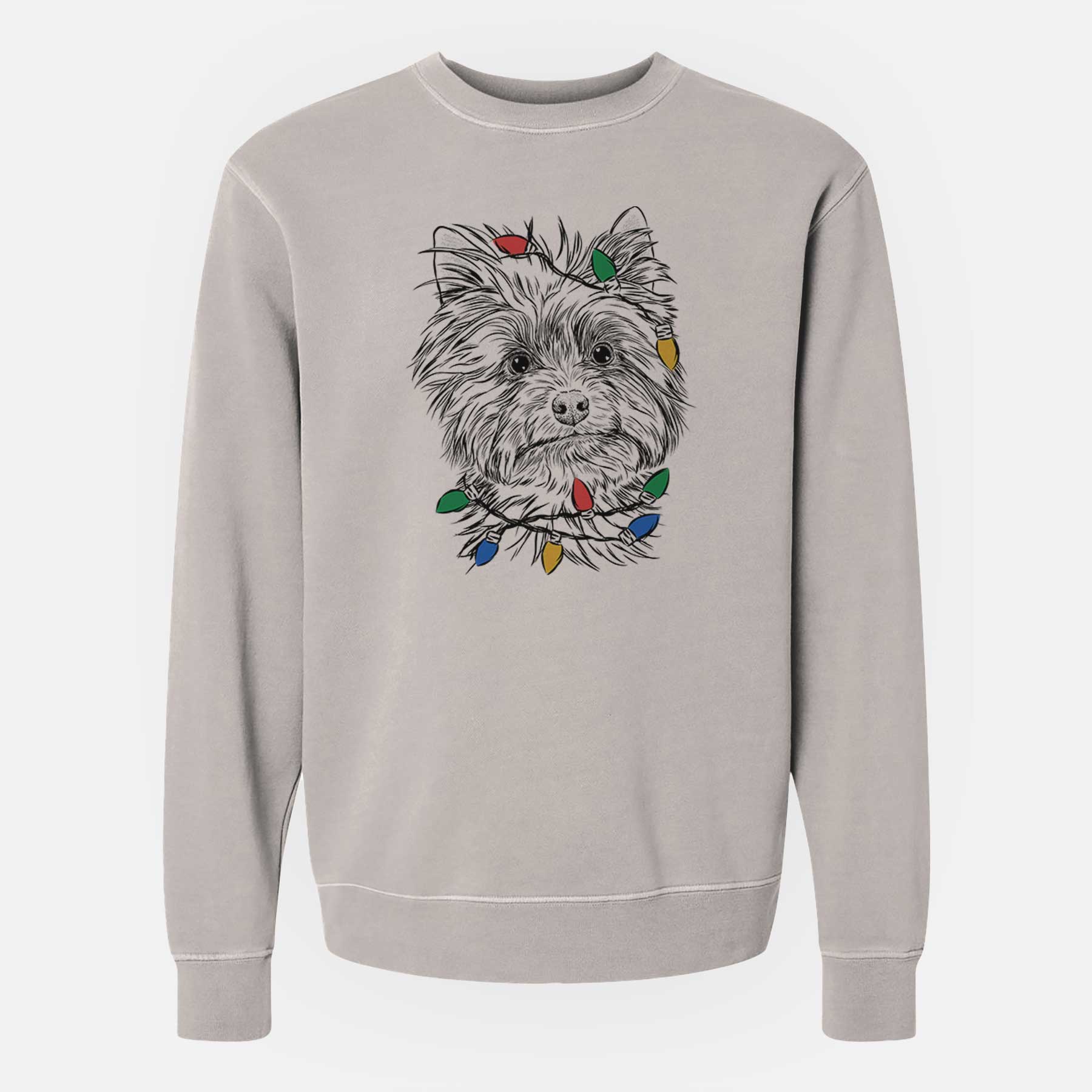 Christmas Lights Dakota the Yorkshire Terrier - Unisex Pigment Dyed Crew Sweatshirt