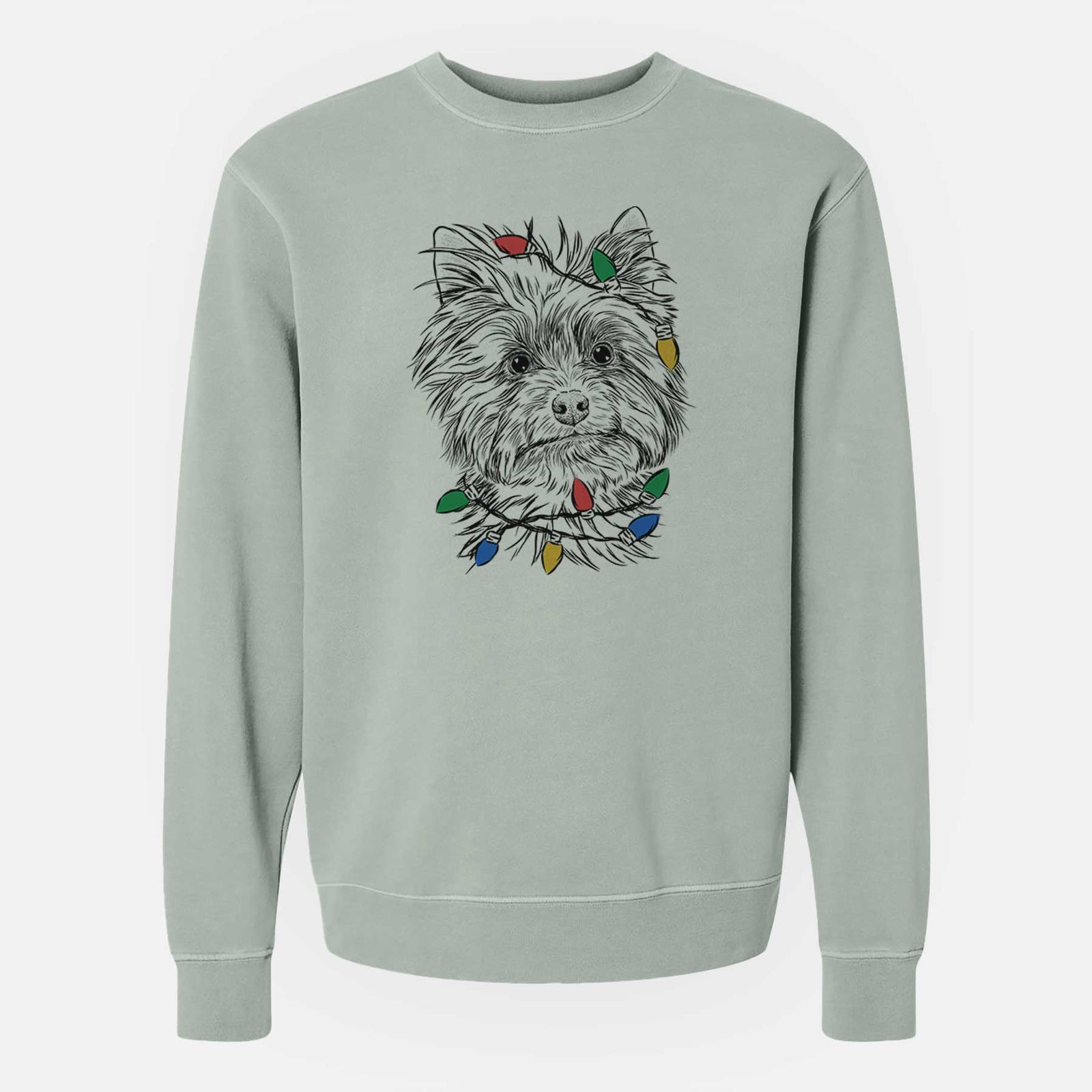 Christmas Lights Dakota the Yorkshire Terrier - Unisex Pigment Dyed Crew Sweatshirt